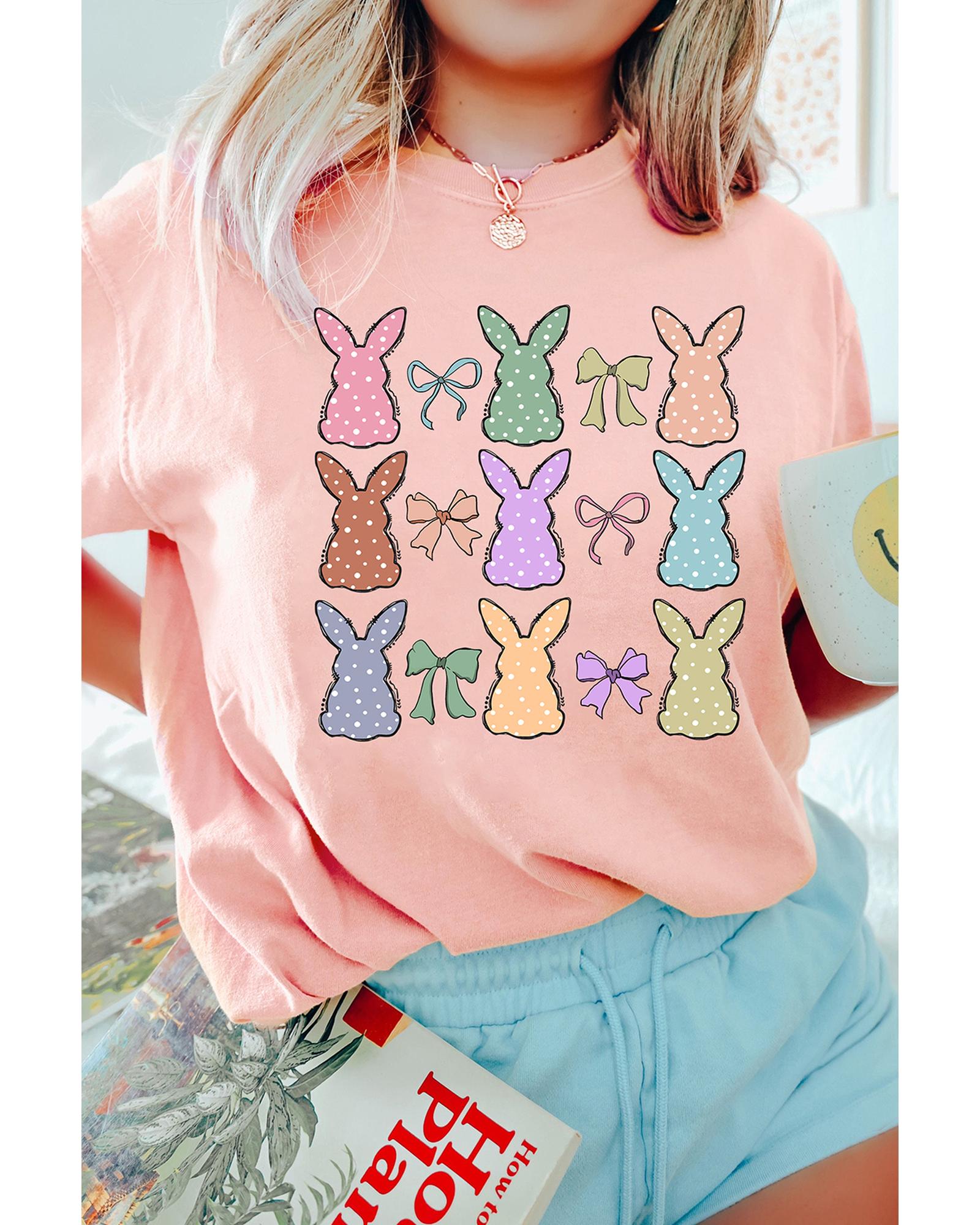 V539-AZEXDC25228546-10-2XL-202508280355-00 Pink Dotty Bunny Bow Printed Easter Day Fashion T Shirt - 2XL - Image 1