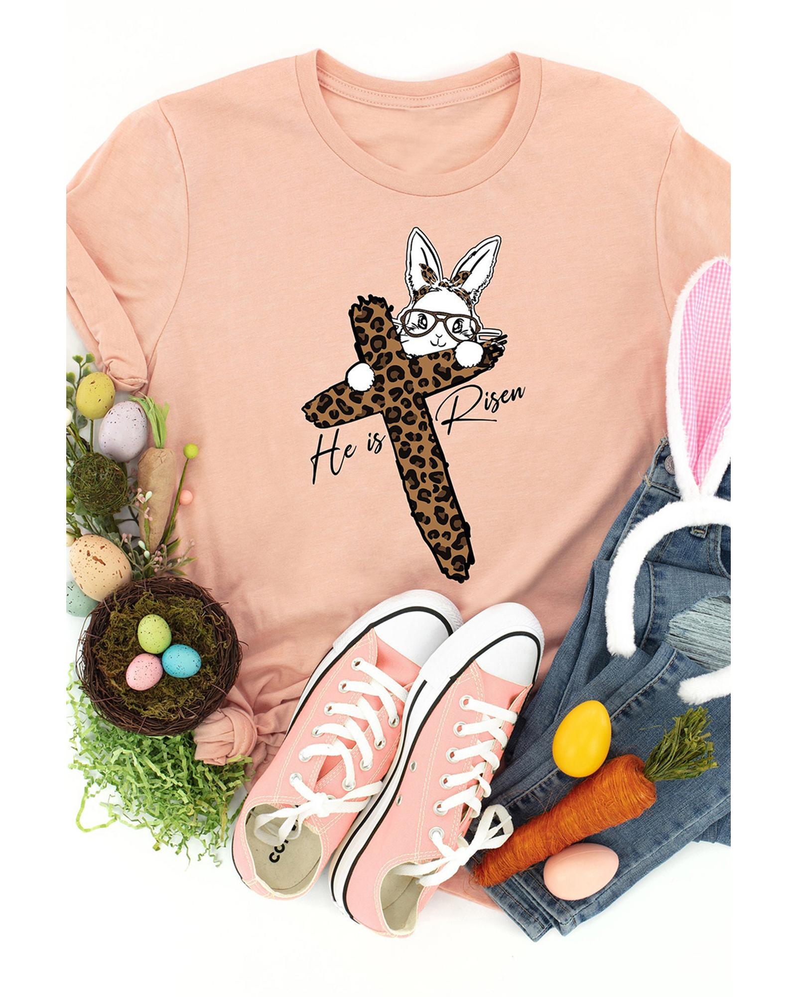 V539-AZEXDC25228552-10-M-202508270755-00 Pink He is Risen Easter Bunny Leopard Cross Graphic Tee - M - Image 1