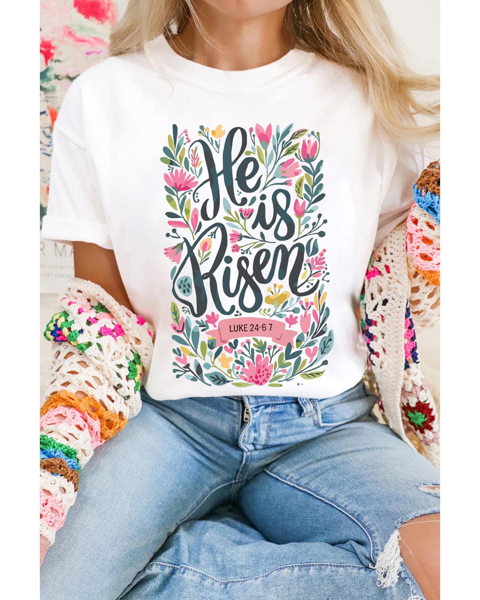 V539-AZEXDC25228597-1-M-202508270415-00 White He is Risen Floral Printed T Shirt - M - Image 1