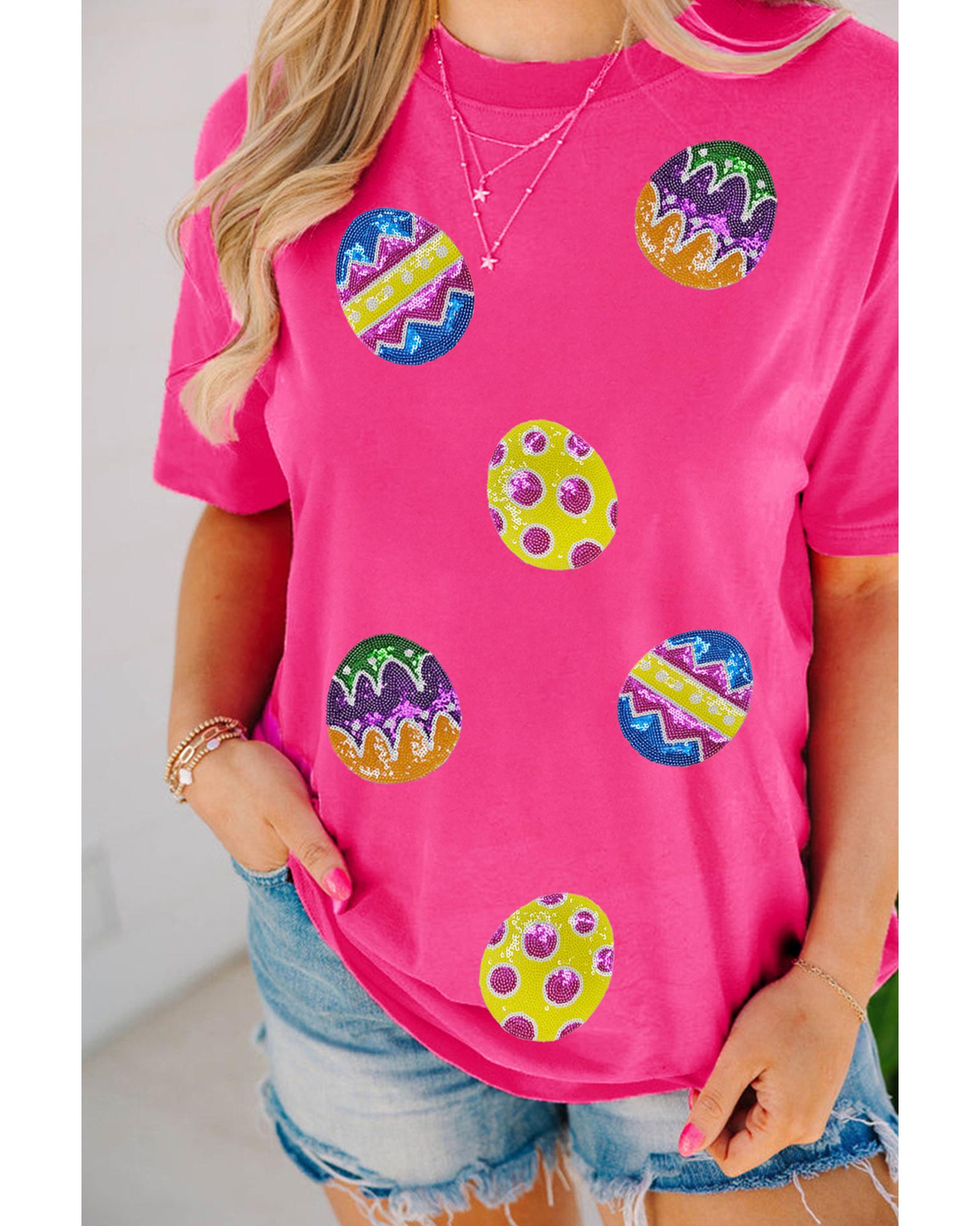 V539-AZEXDC25228616-P6-L-202508270855-00 Rose Red Easter Eggs Patched Crew Neck Graphic Tee - L - Image 1