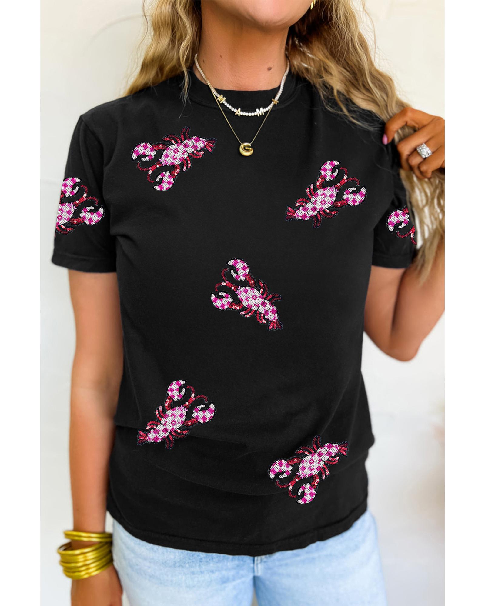 V539-AZEXDC25228641-2-L-202508271715-00 Black Sequin Crawfish Patched Crew Neck Tee - L - Image 1