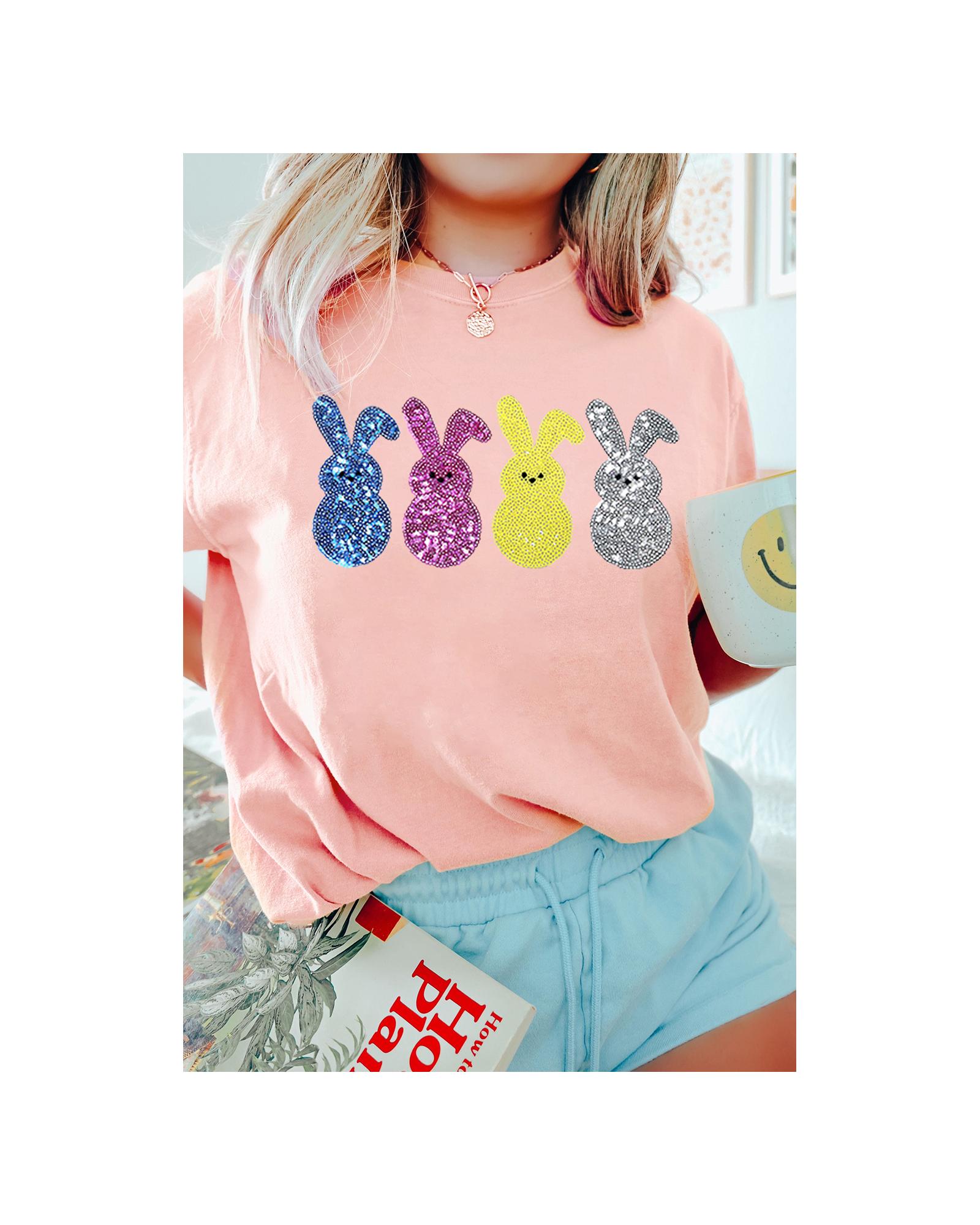 V539-AZEXDC25228653-10-M-202508281120-00 Pink Sequin Cute Bunny Graphic Easter Fashion Tee - M - Image 1