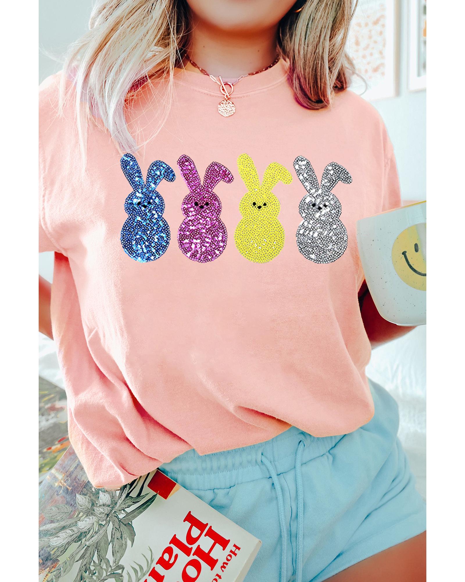 V539-AZEXDC25228653-10-S-202506130045-00 Pink Sequin Cute Bunny Graphic Easter Fashion Tee - S - Image 1