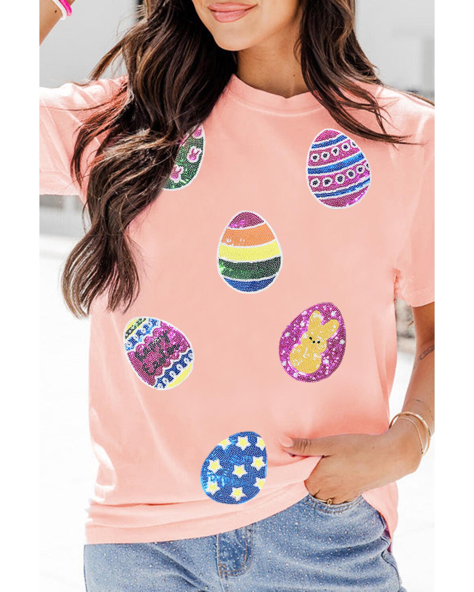 V539-AZEXDC25228689-10-L-202508292315-00 Pink Sequin Easter Eggs Graphic Crewneck T Shirt - L - Image 1