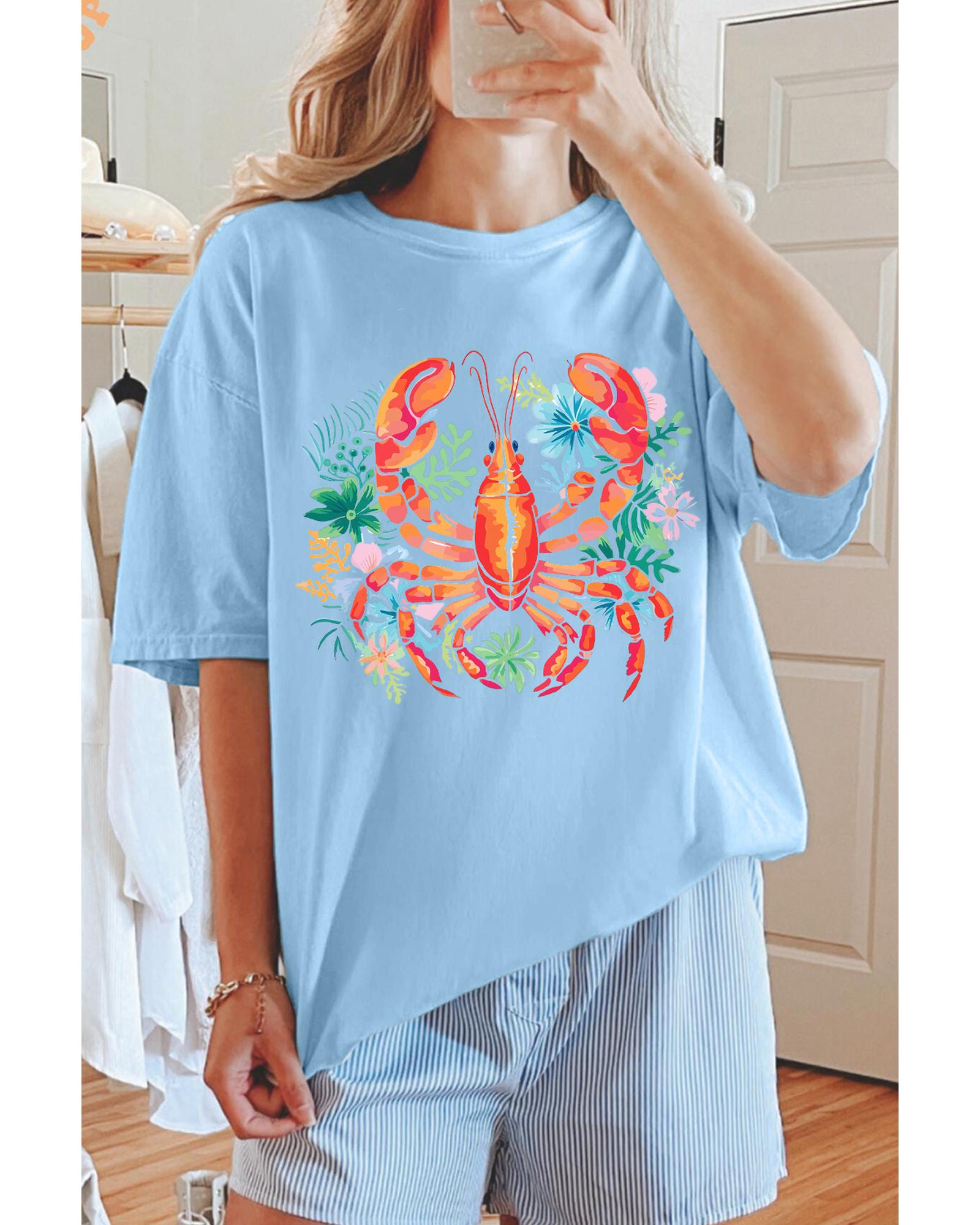 V539-AZEXDC25228834-P4-XL-202508300600-00 Light Blue Floral Summer Lobster Graphic Tee - XL - Image 1