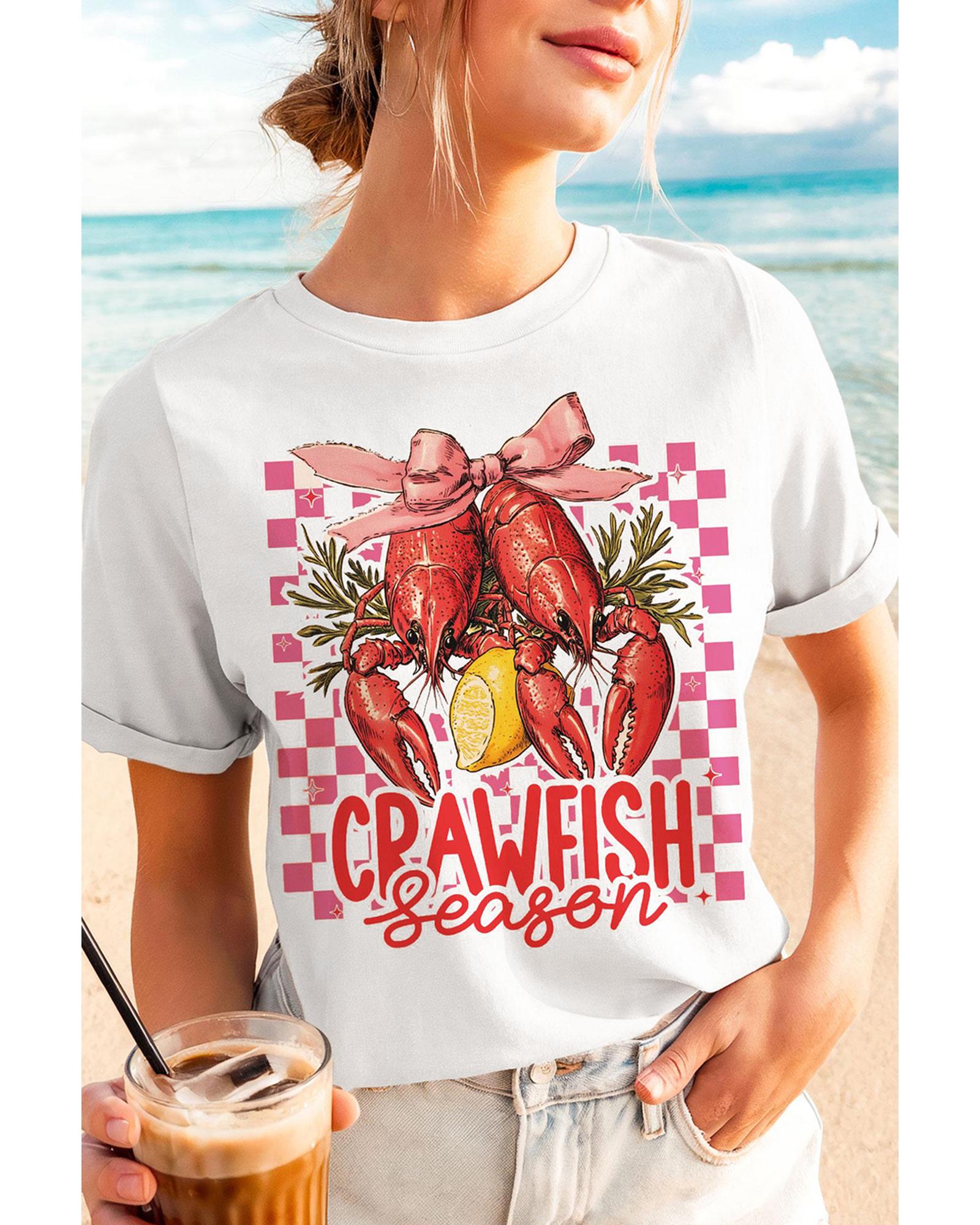 V539-AZEXDC25228837-1-M-202508282355-00 White Checkerboard Bow Crawfish Season Printed Crewneck T Shirt - M - Image 1
