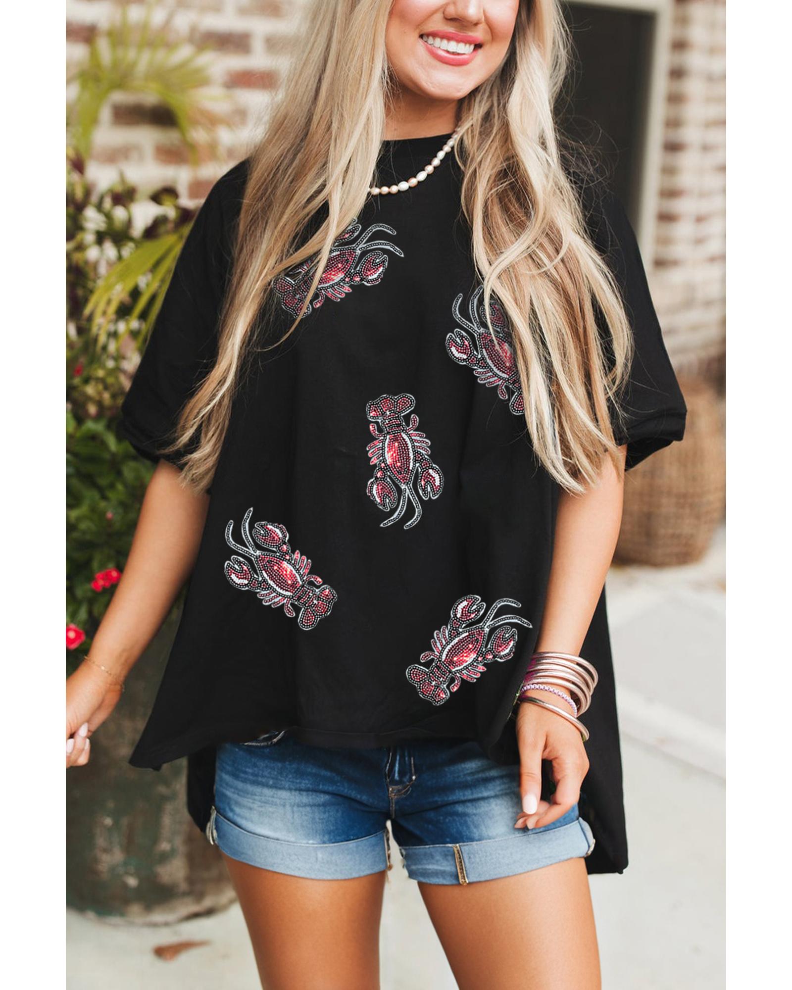 V539-AZEXDC25228850-P2-M-202508281130-00 Black Sequin Crawfish Graphic High Low Loose T Shirt - M - Image 1