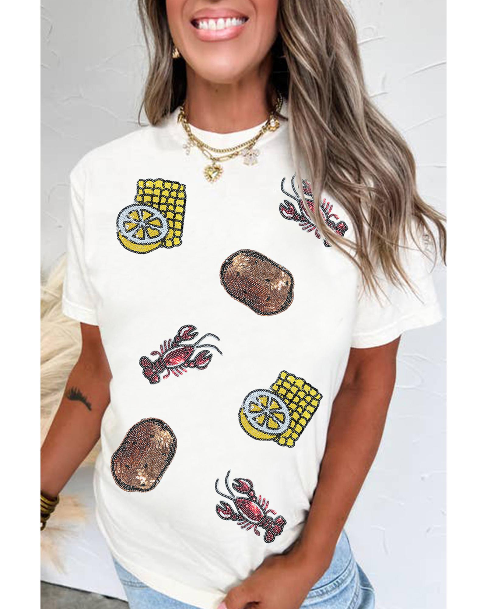 V539-AZEXDC25228852-1-M-202508291640-00 White Sequin Crawfish Potato Lemon Corn Graphic Crewneck T Shirt - M - Image 1