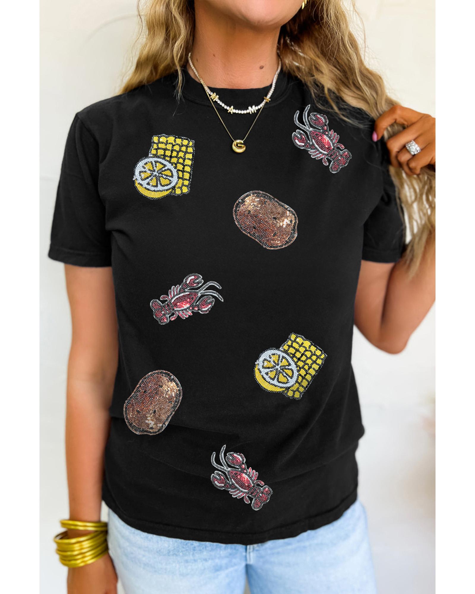 V539-AZEXDC25228852-2-XL-202508280415-00 Black Sequin Crawfish Potato Lemon Corn Graphic Crewneck T Shirt - XL - Image 1