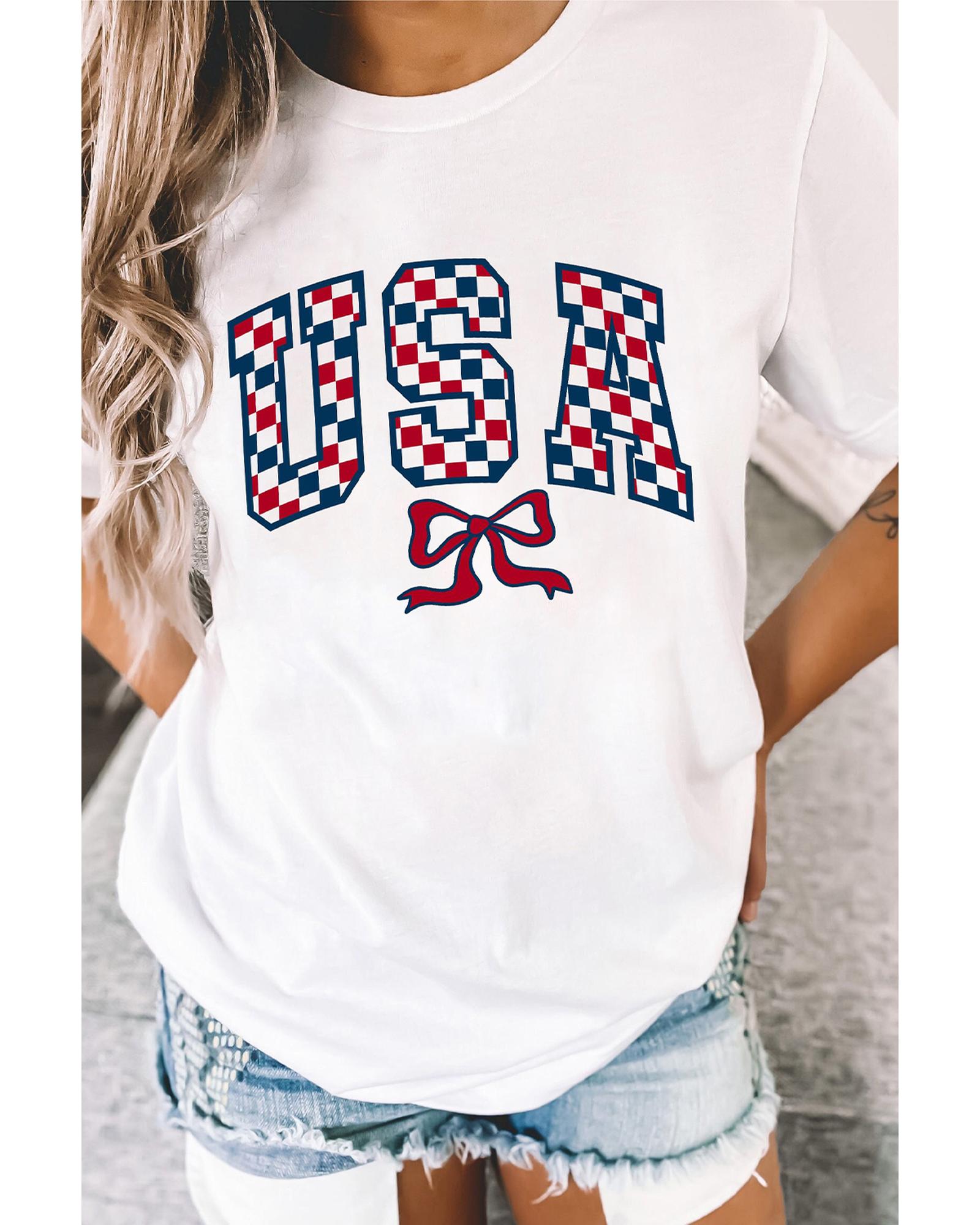 V539-AZEXDC25228902-1-2XL-202508280725-00 White Checkered USA Graphic Casual Tee - 2XL - Image 1