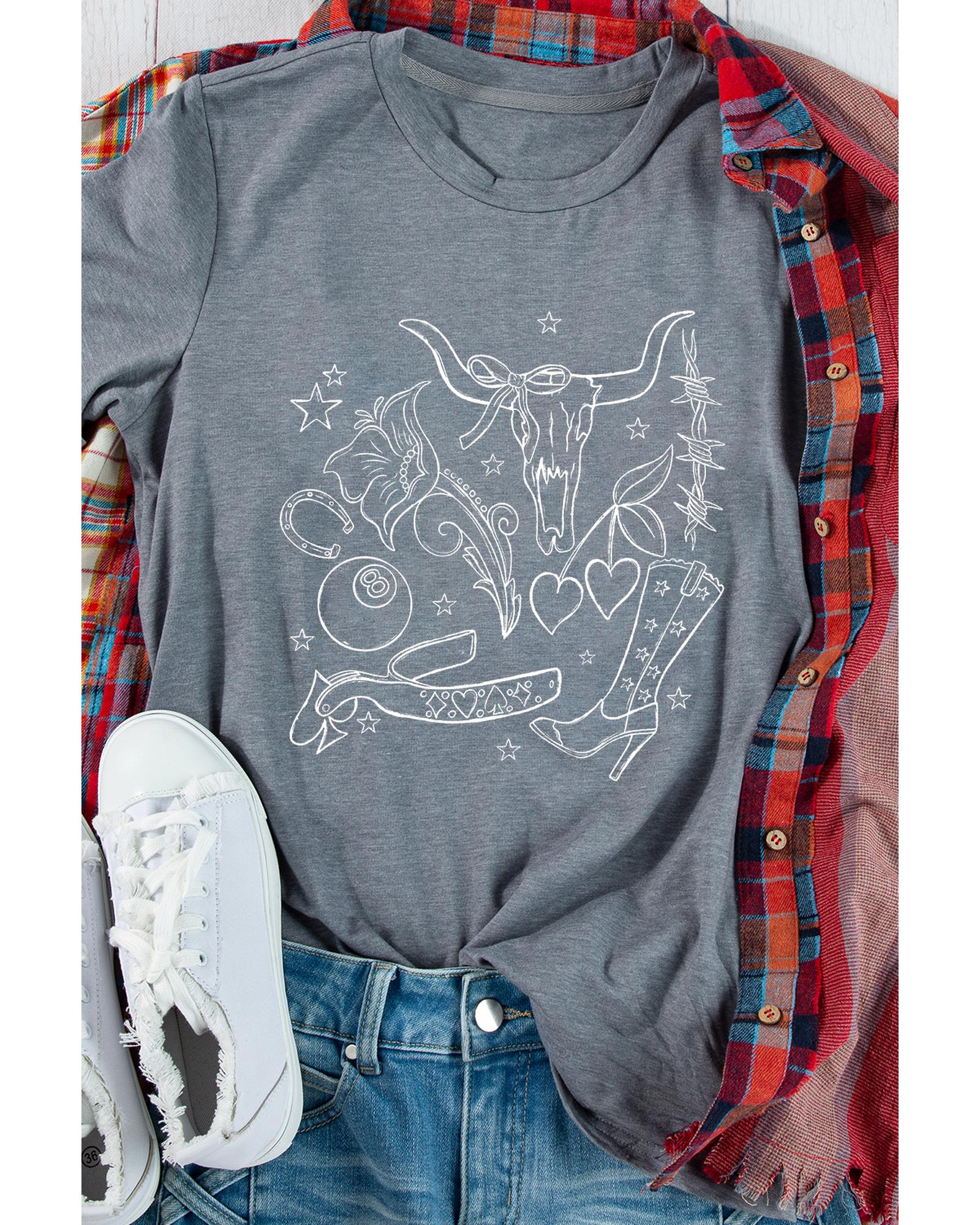 V539-AZEXDC25229017-11-3XL-202508280715-00 Gray Cowgirl Boots OX Head Western Fashion Print Crewneck Tee - 3XL - Image 1