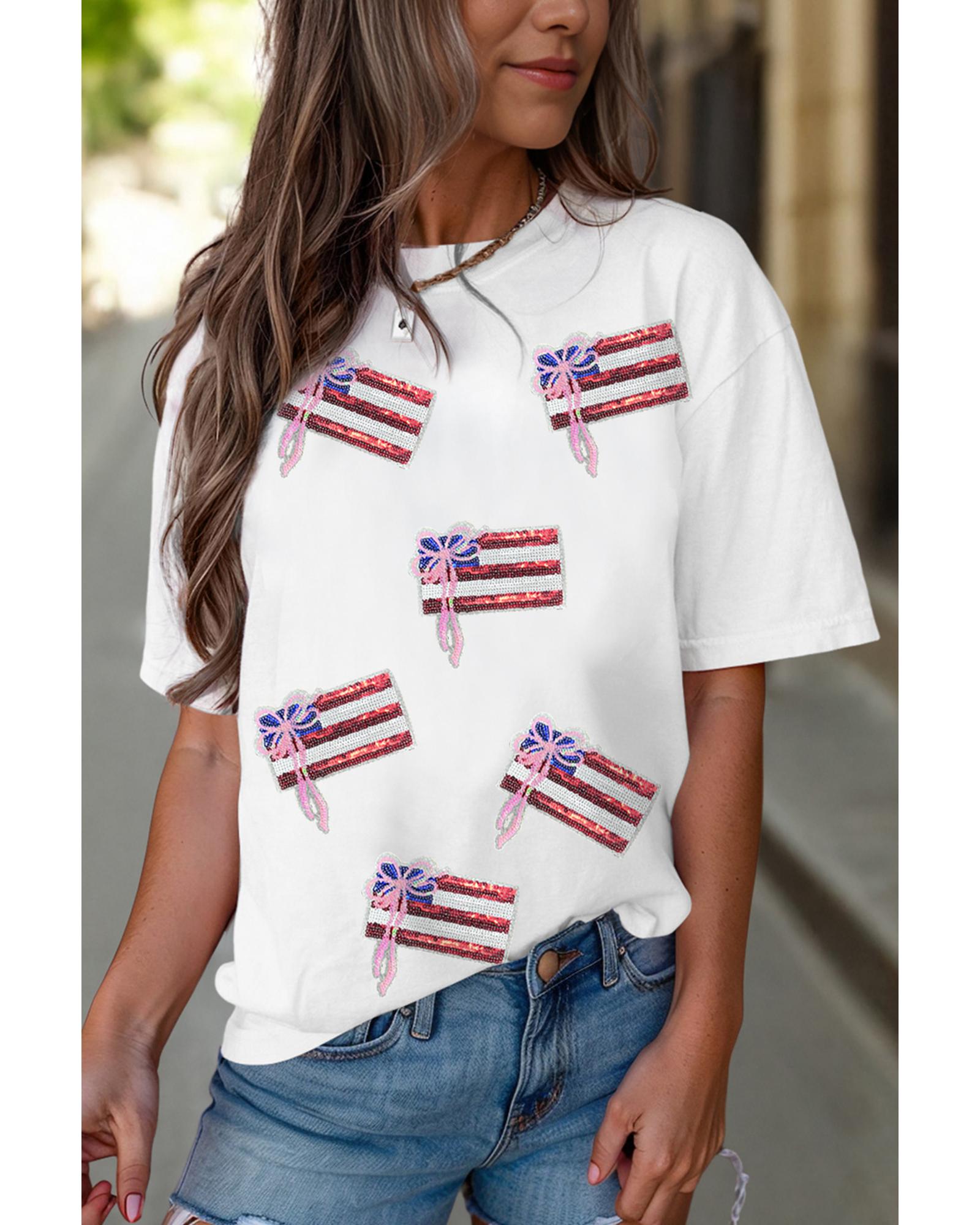 V539-AZEXDC25229028-1-2XL-202508282210-00 White Sequin Bow American Flag Patched T Shirt - 2XL - Image 1