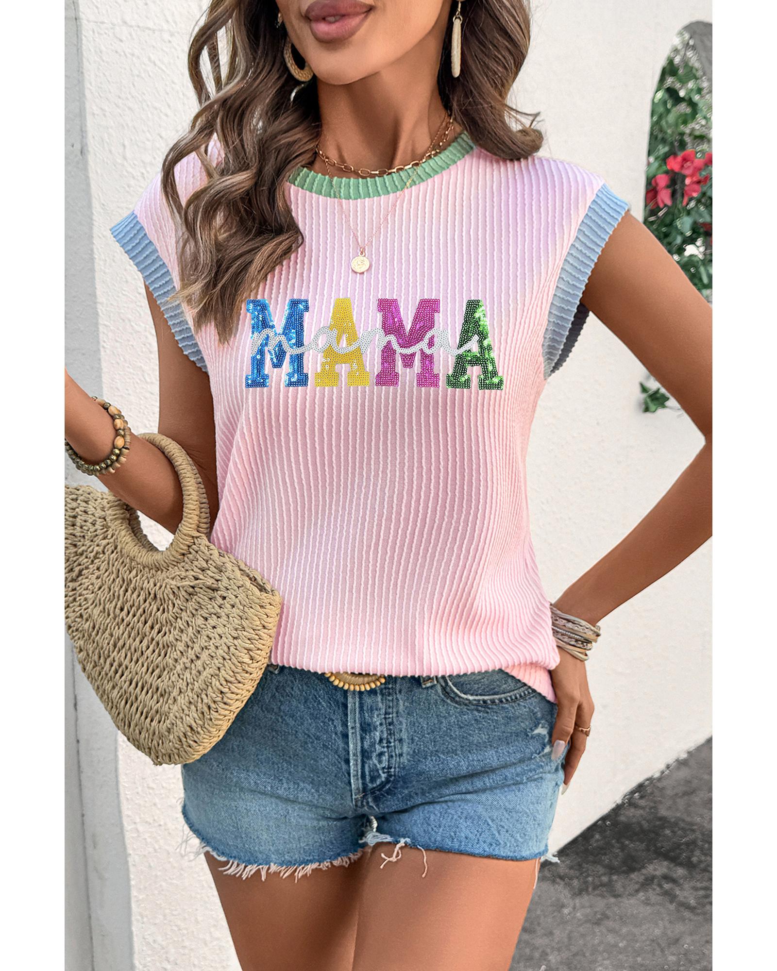V539-AZEXDC25229100-P1022-XL-202508300455-00 Pink Sequined MAMA Graphic Corded Rib Knit Colorblock T Shirt - XL - Image 1