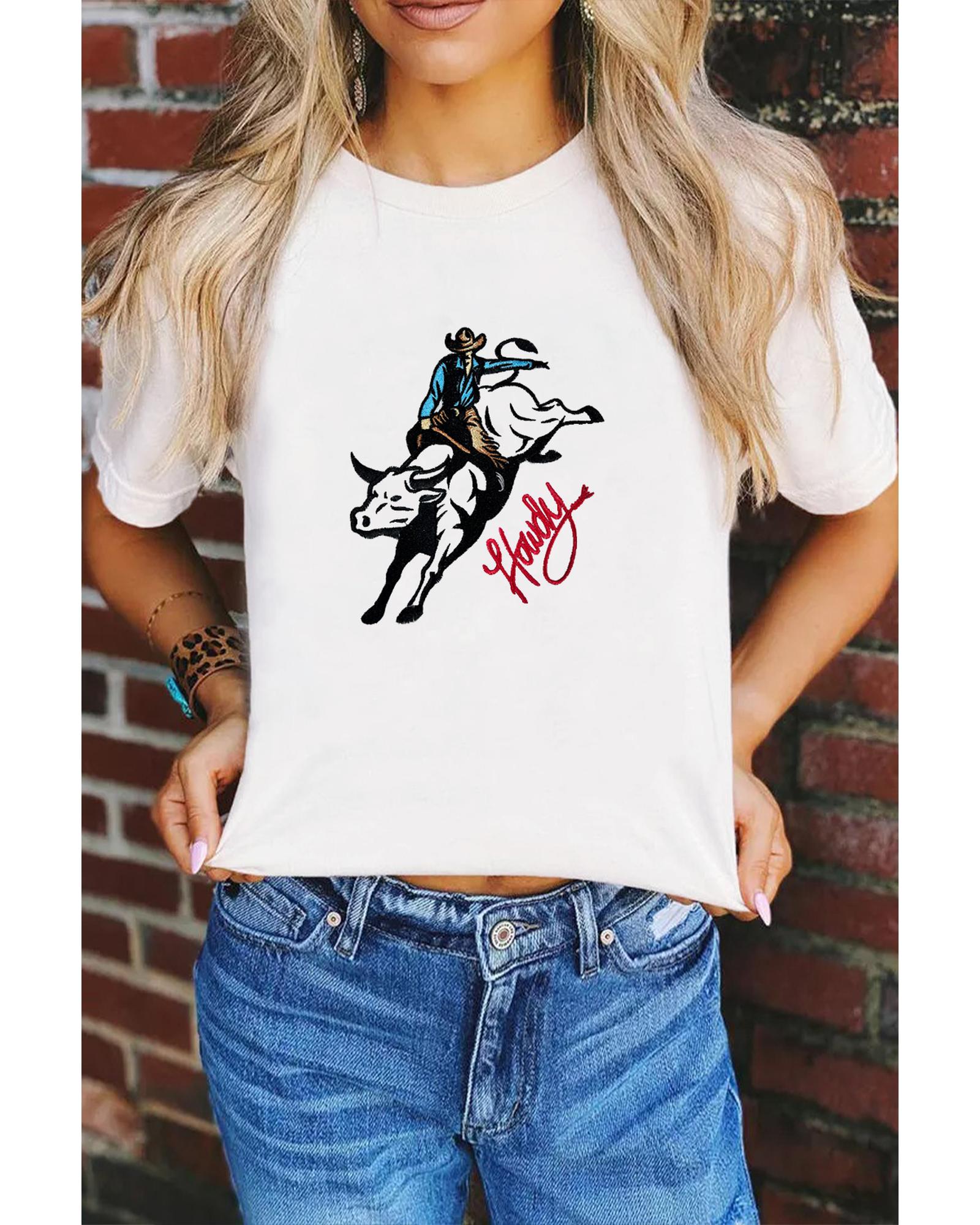 V539-AZEXDC25229101-1-2XL-202508280045-00 White Cowboy Howdy Embroidered Western Fashion T Shirt - 2XL - Image 1