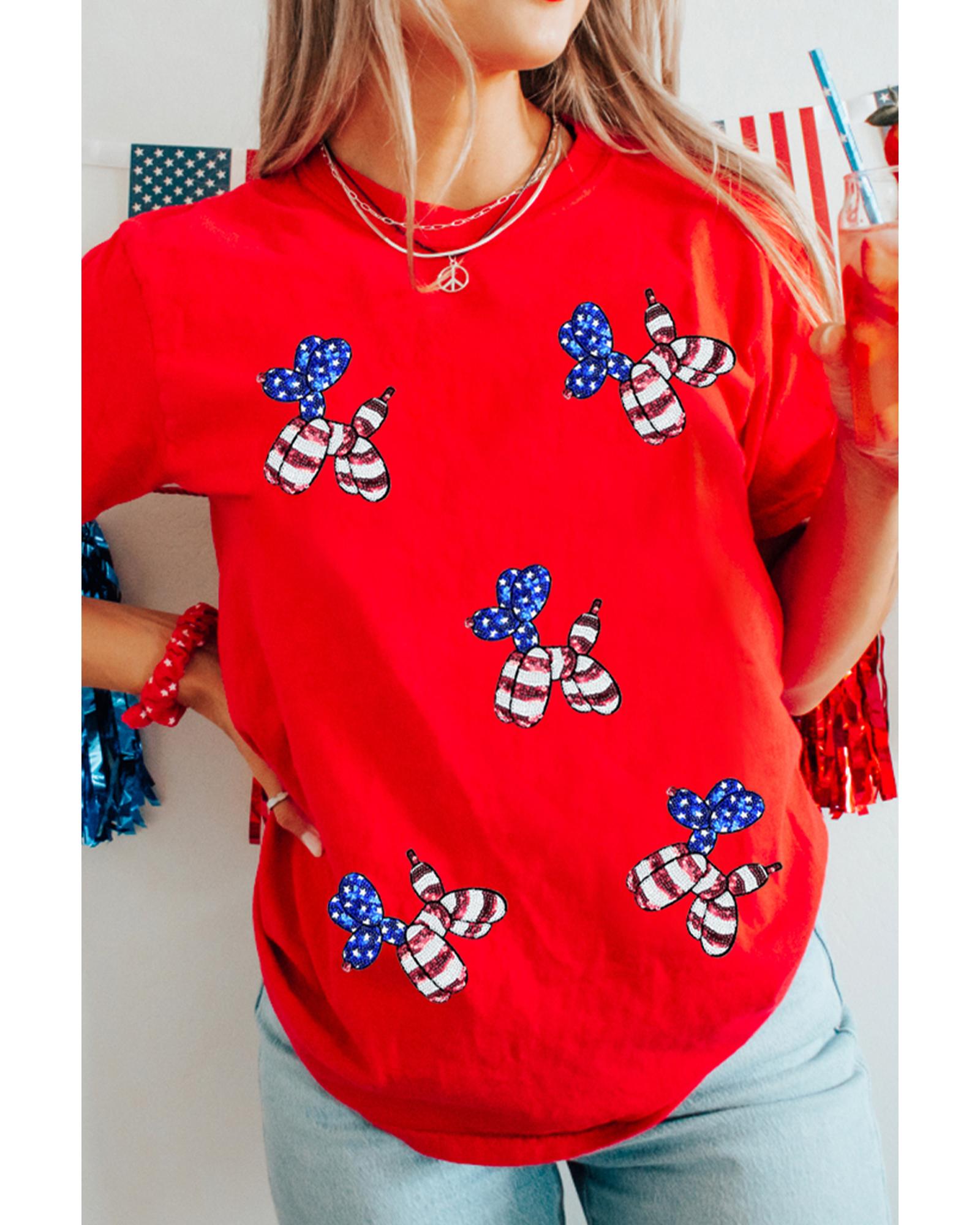 Red Sequin Stars and Stripes Balloon Puppy Graphic Crewneck Tee - XL