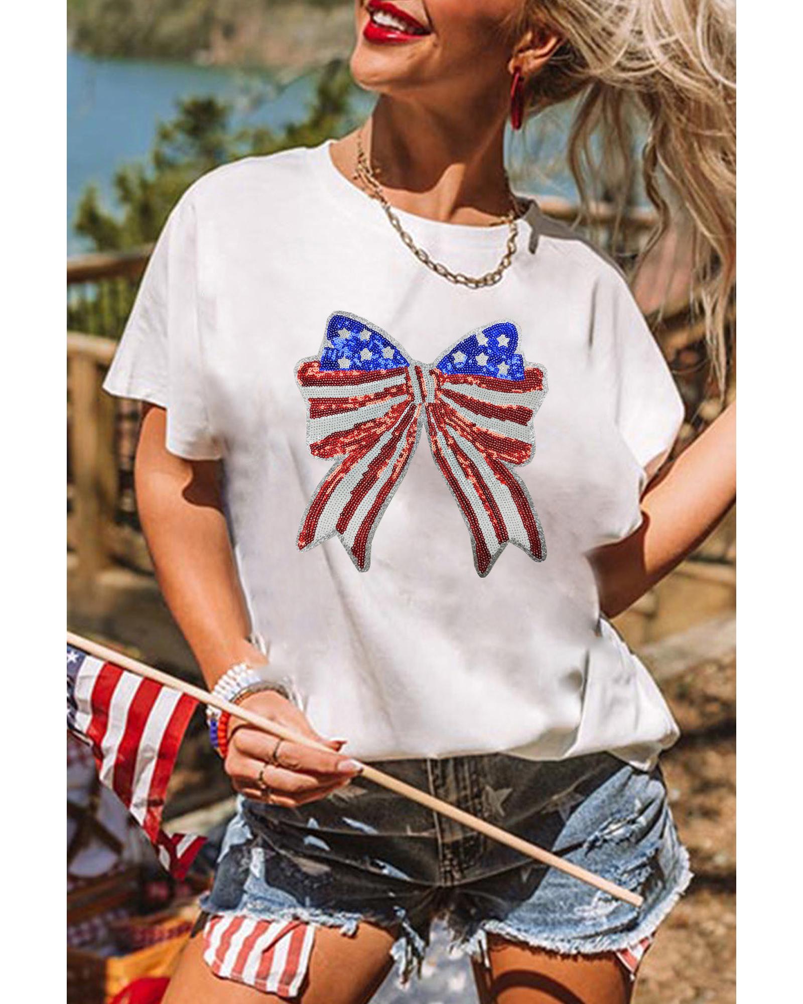 V539-AZEXDC25229135-1-3XL-202508300705-00 White USA Flag Bow Knot Patched Crew Neck T Shirt - 3XL - Image 1