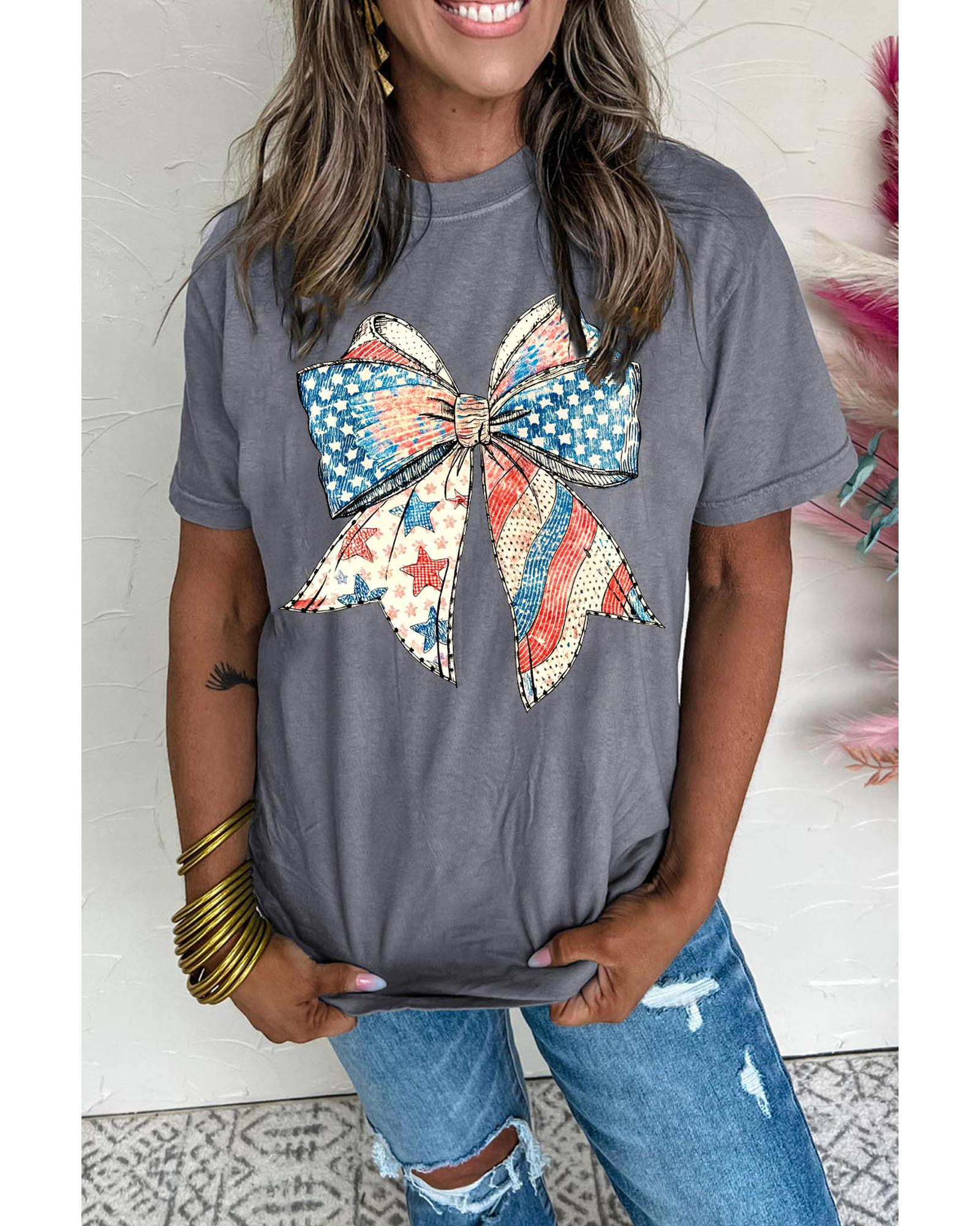 V539-AZEXDC25229140-11-M-202508282020-00 Gray US Flag Bow Print Round Neck Loose T Shirt - M - Image 1