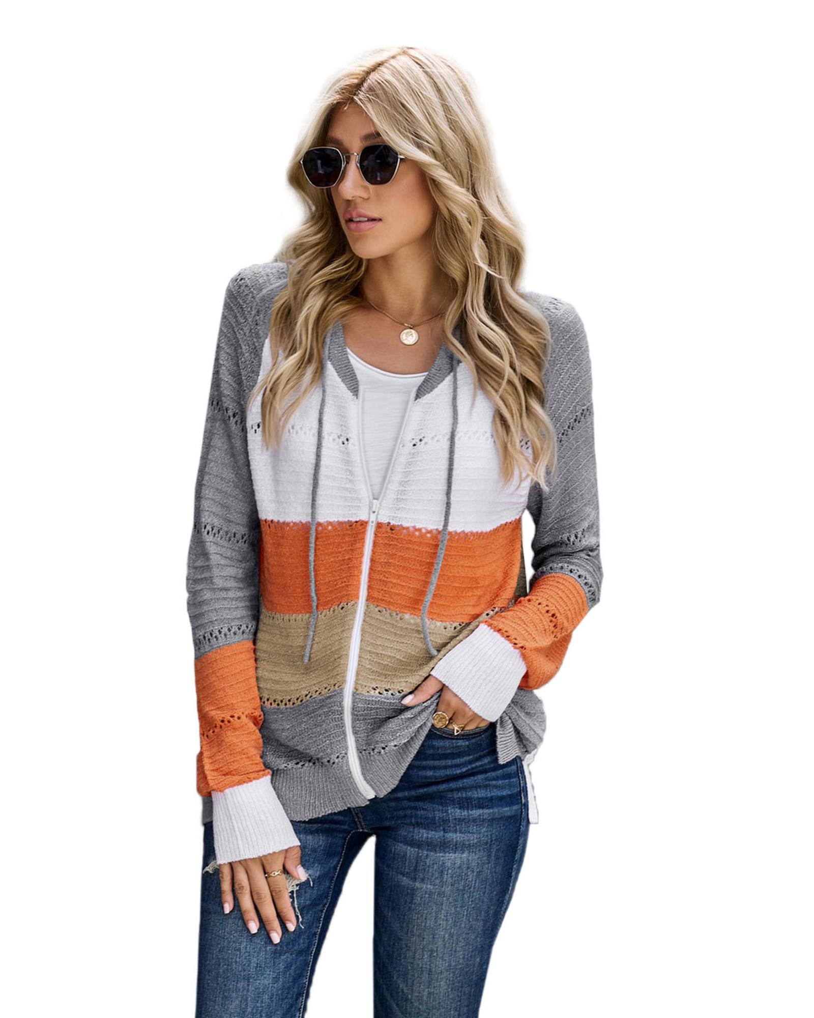 V539-AZEXDC2531016-11-M-202508270345-00 Gray Zipped Front Colorblock Hollow-out Knit Hoodie - M - Image 1