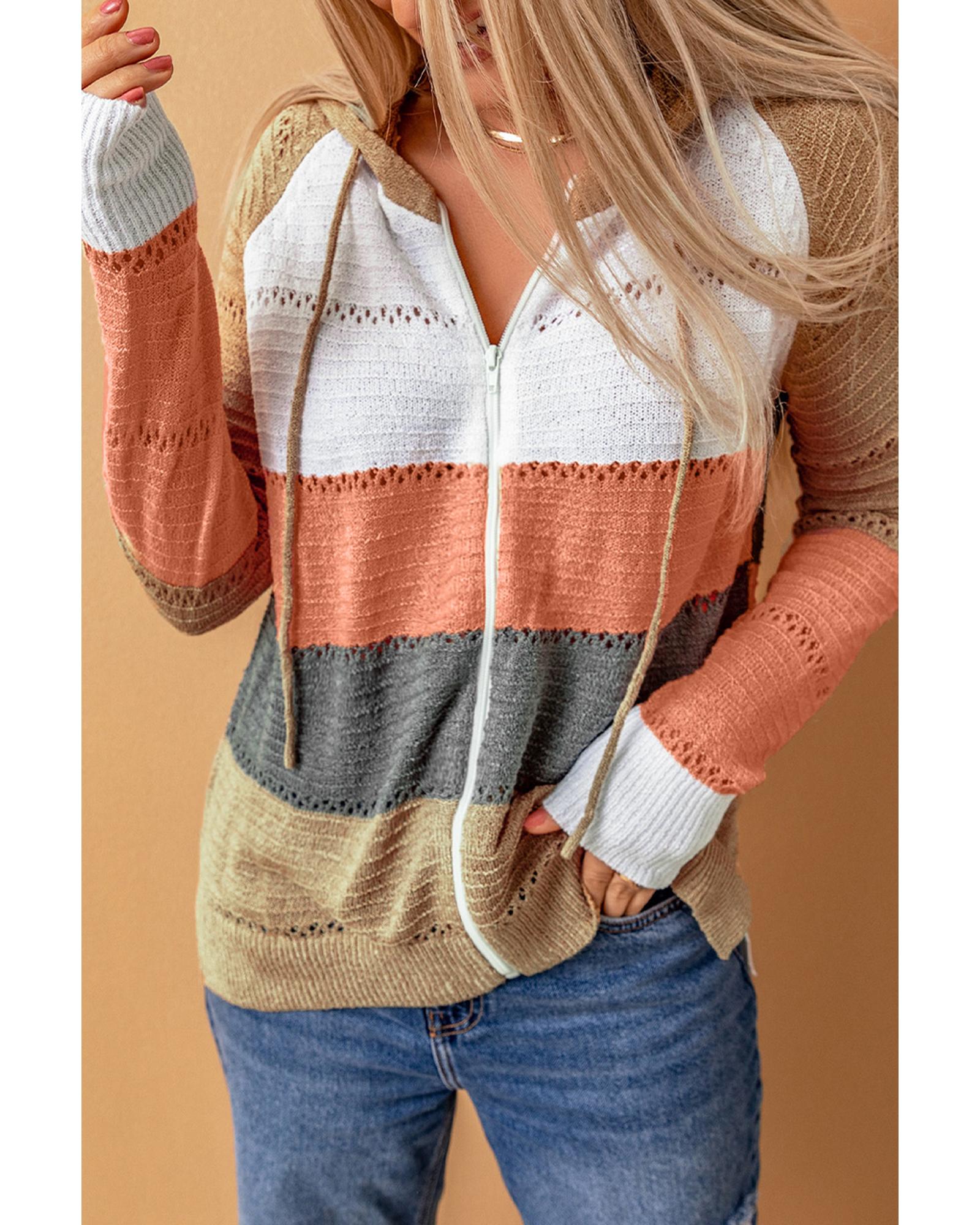 V539-AZEXDC2531016-22-M-202508251920-00 Azura Exchange Zipped Front Colorblock Hollow-out Knit Hoodie - M - Image 1
