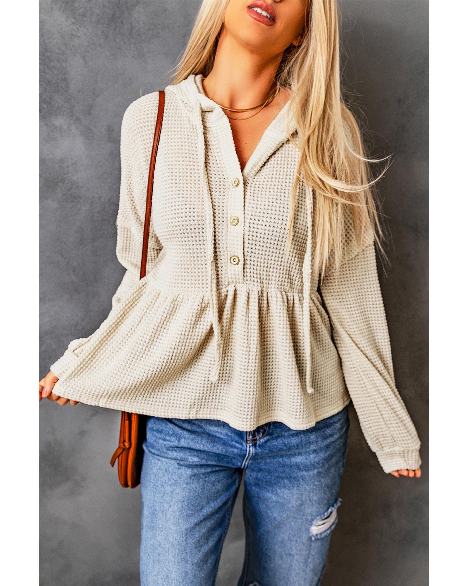 V539-AZEXDC25311924-18-M-202508262020-00 Azura Exchange Waffle Knit Buttons Ruffled Hooded Top - M - Image 1