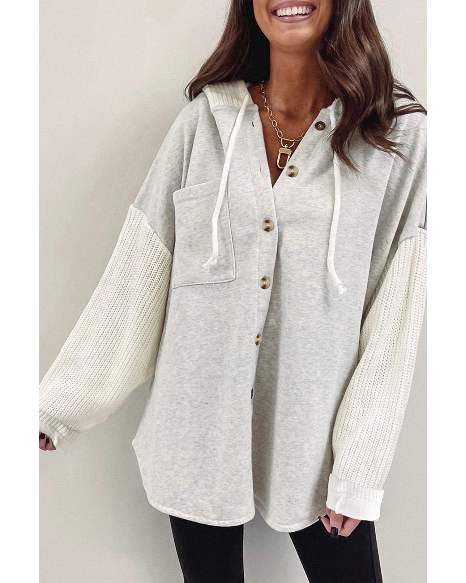 V539-AZEXDC25312001-11-XL-202506130012-00 Azura Exchange Gray Button Up Contrast Knitted Sleeves Hooded Jacket - XL - Image 1