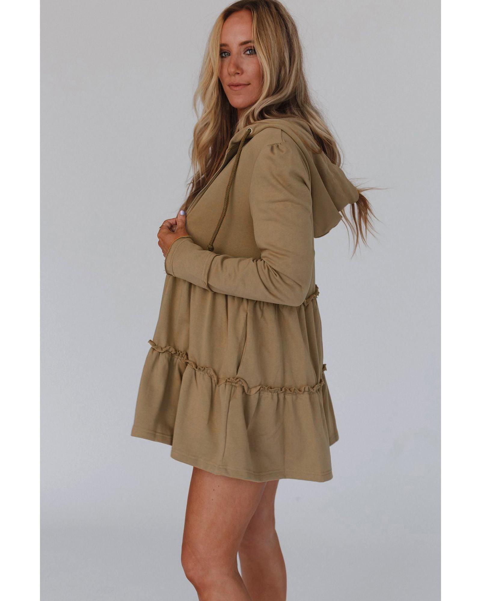 V539-AZEXDC25312008-16-S-202506130021-00 Khaki Tiered Ruffled Zip-Up Drawstring Hooded Jacket - S - Image 1