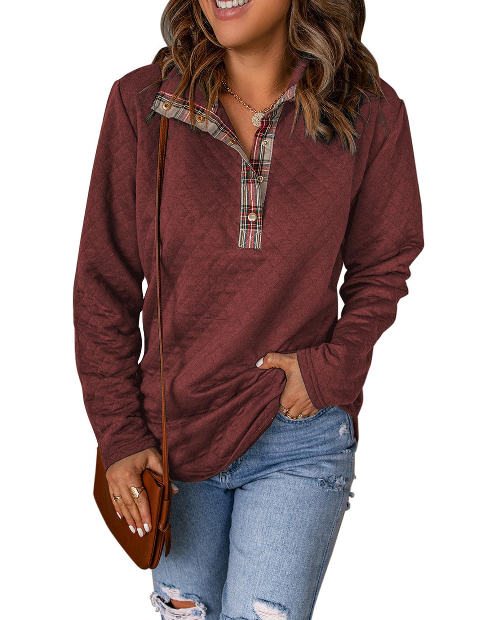 V539-AZEXDC25312136-3-M-202508261810-00 Azura Exchange Geometric Texture Plaid Trim Sweatshirt - M - Image 1