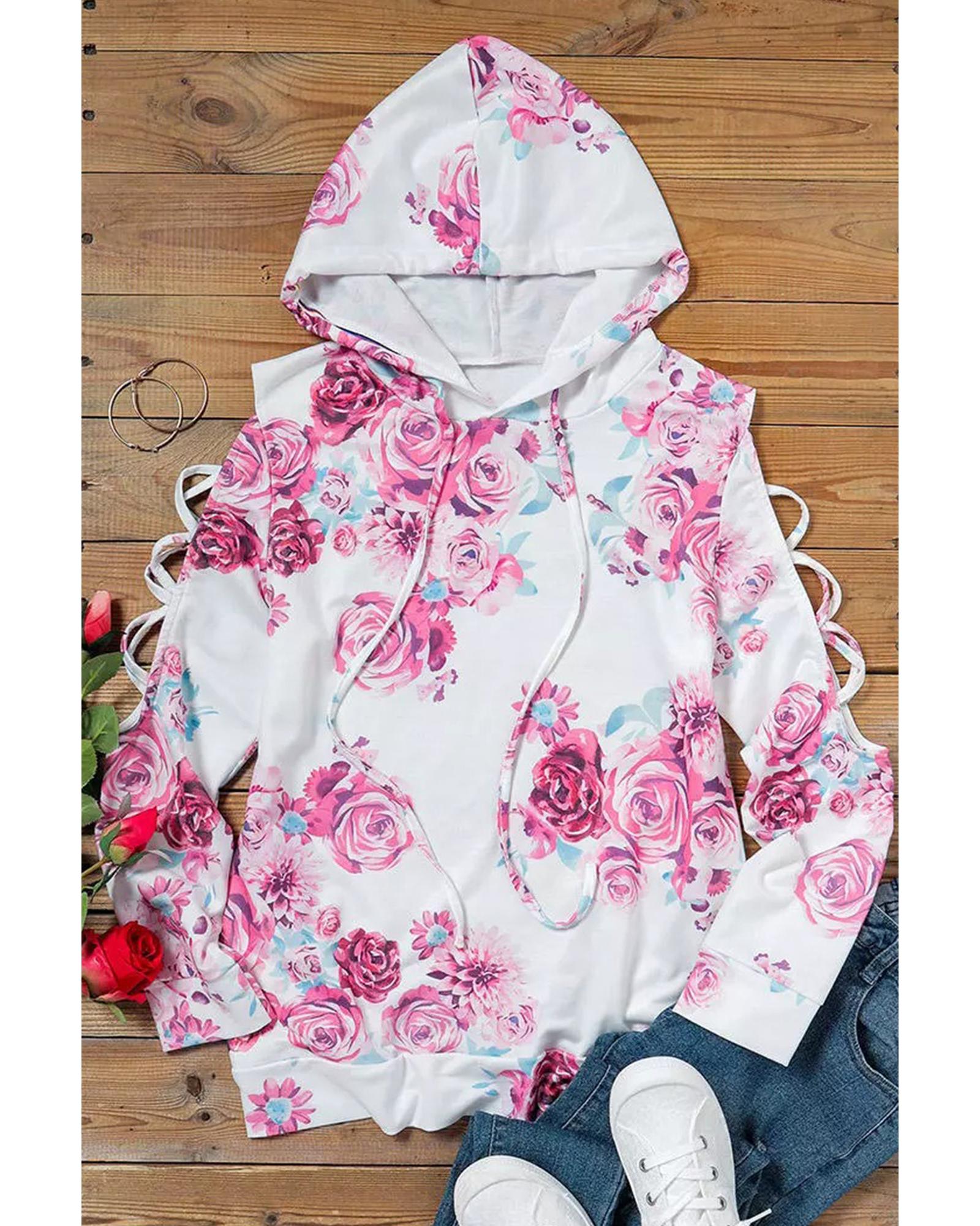 V539-AZEXDC25312192-1-S-202508251800-00 Azura Exchange Floral Print Cold Shoulder Hoodie - S - Image 1