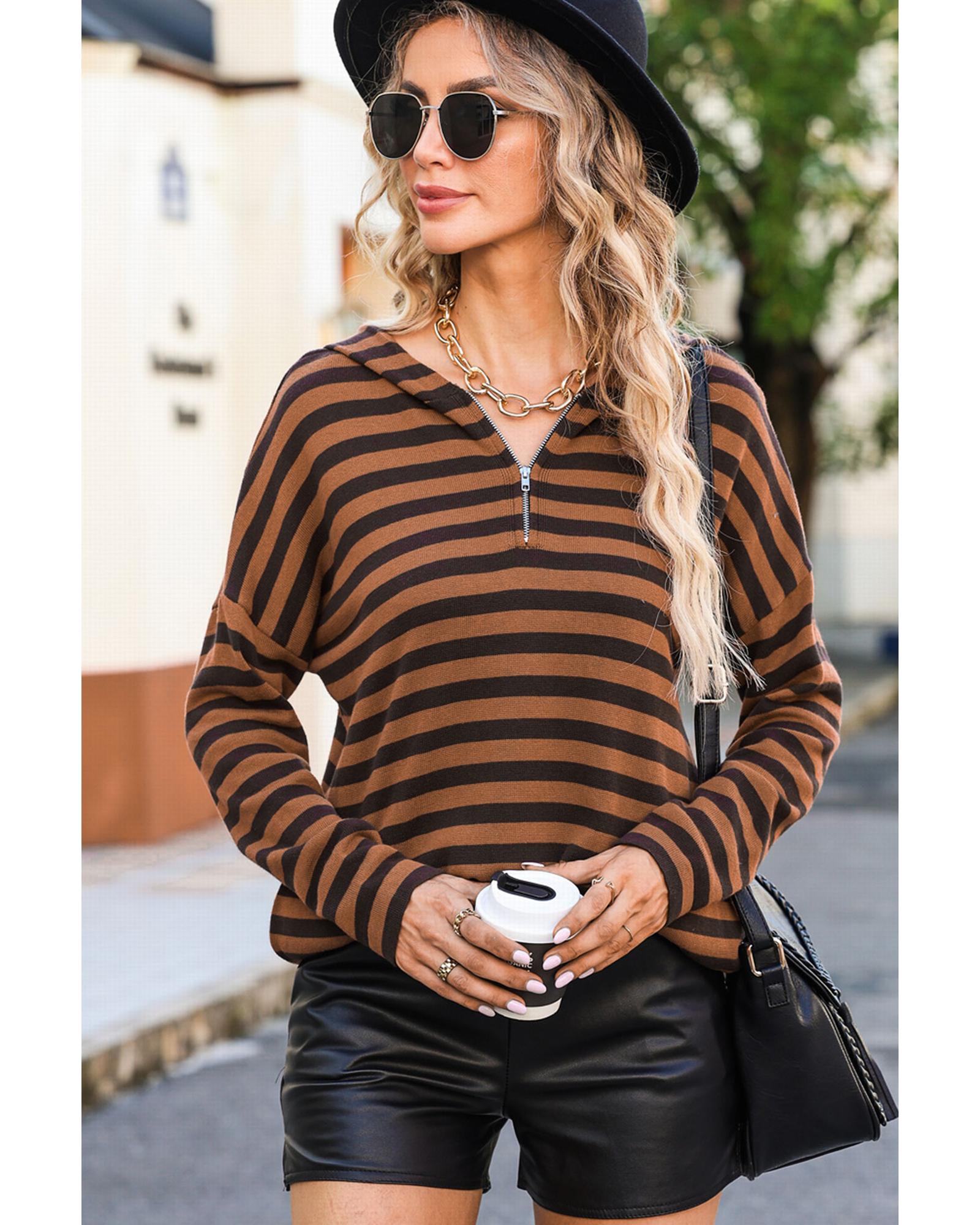V539-AZEXDC25312197-17-M-202508260405-00 Azura Exchange Striped Knit Quarter Zip Hoodie - M - Image 1