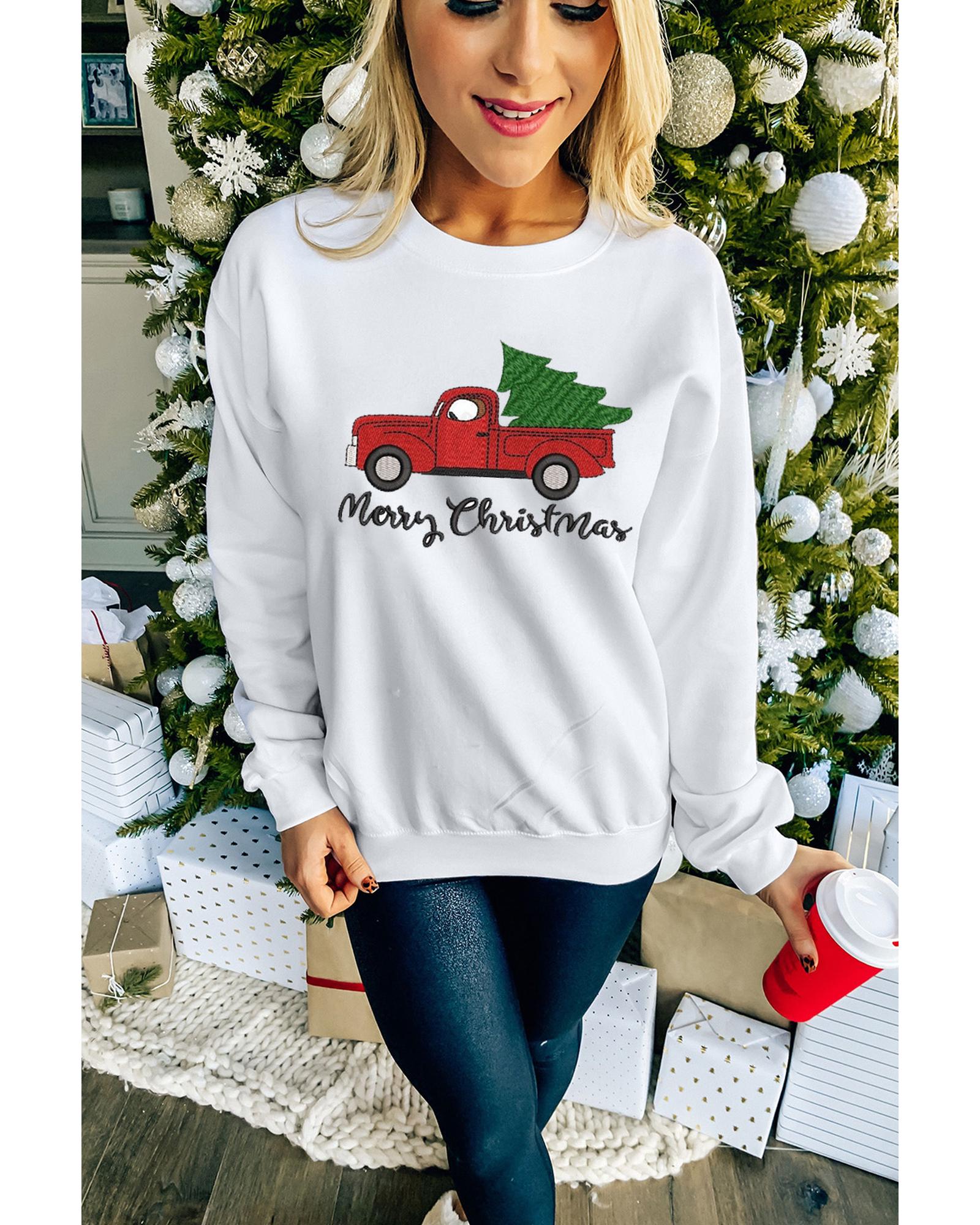 V539-AZEXDC25313573-1-L-202508260315-00 Azura Exchange Embroidered Pullover Sweatshirt with Merry Christmas Truck Pattern - L - Image 1