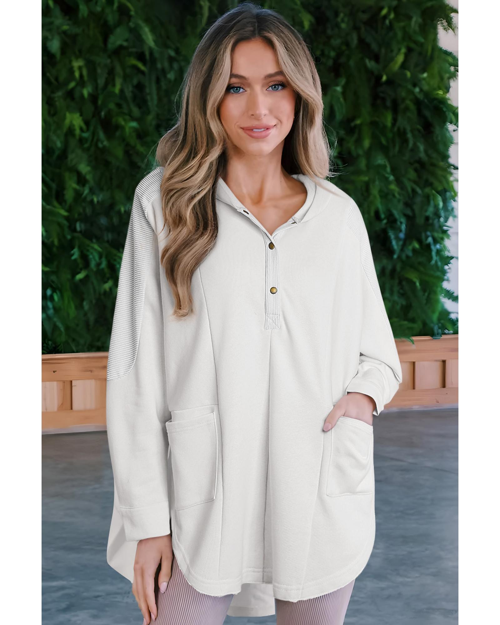 V539-AZEXDC25313891-1-XL-202508290215-00 White Patchwork Side Pockets Oversized Henley Hoodie - XL - Image 1