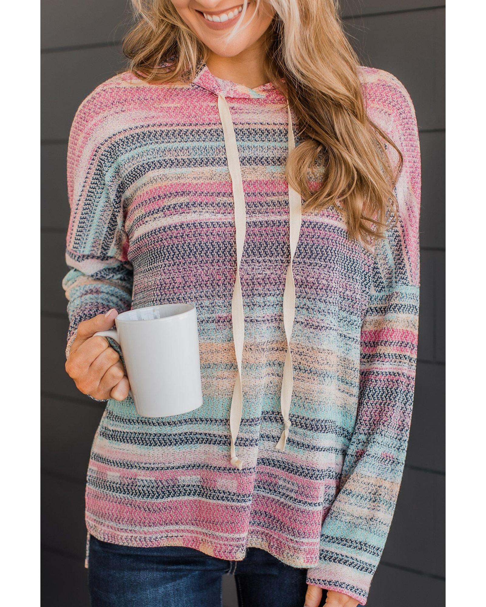 V539-AZEXDC25313926-22-S-202506130117-00 Multicolor Striped Print Cable Knit Drop Shoulder Hoodie - S - Image 1