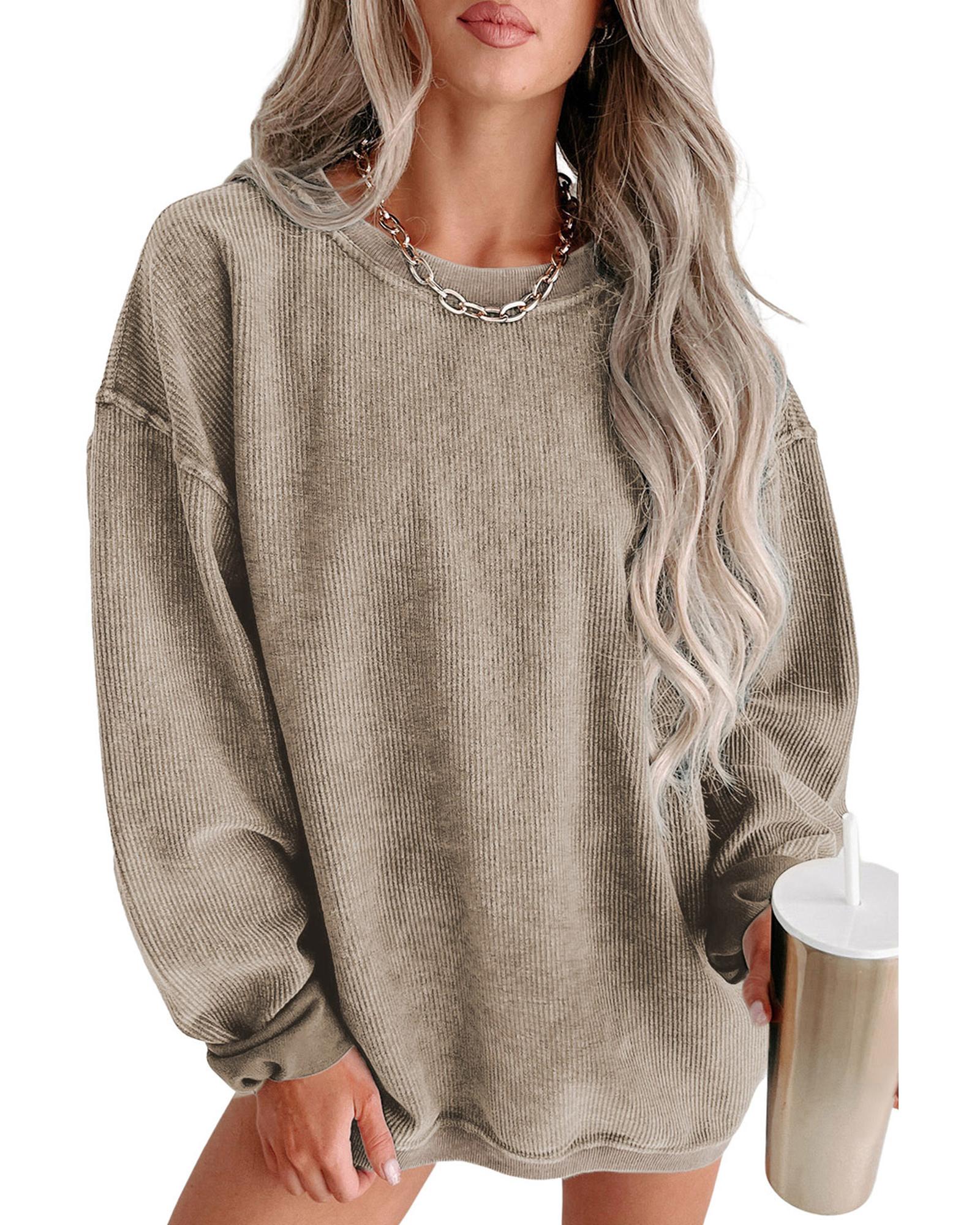V539-AZEXDC25314534-16-XL-202508281140-00 Khaki Solid Ribbed Knit Round Neck Pullover Sweatshirt - XL - Image 1