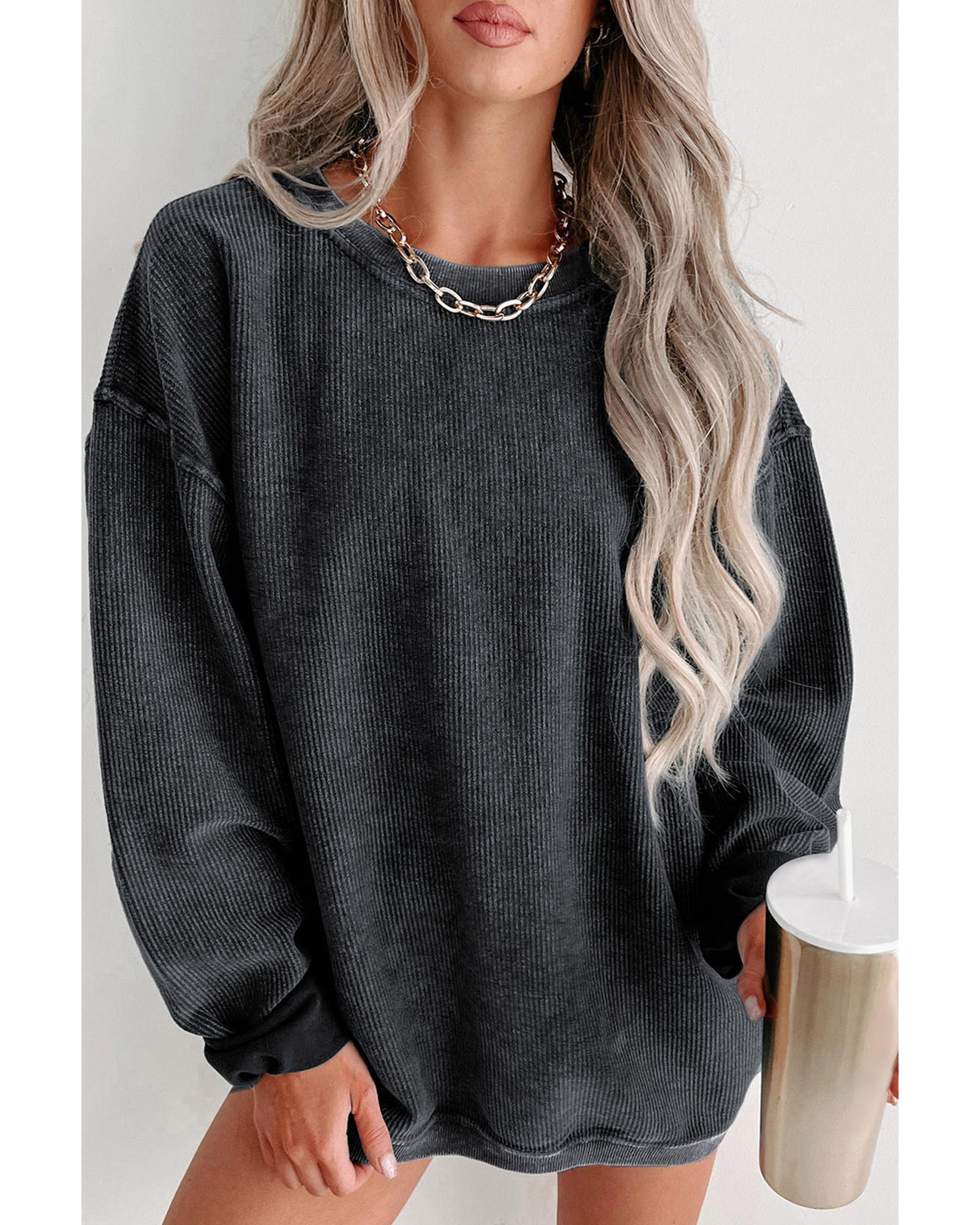 V539-AZEXDC25314534-2-S-202506130145-00 Black Solid Ribbed Knit Round Neck Pullover Sweatshirt - S - Image 1