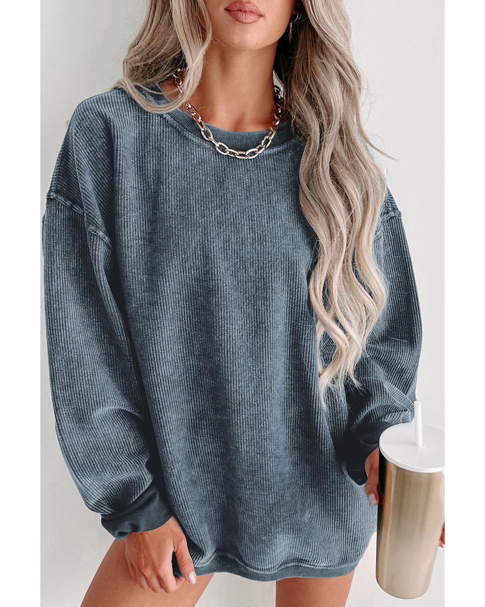 V539-AZEXDC25314534-5-S-202506130147-00 Blue Solid Ribbed Knit Round Neck Pullover Sweatshirt - S - Image 1