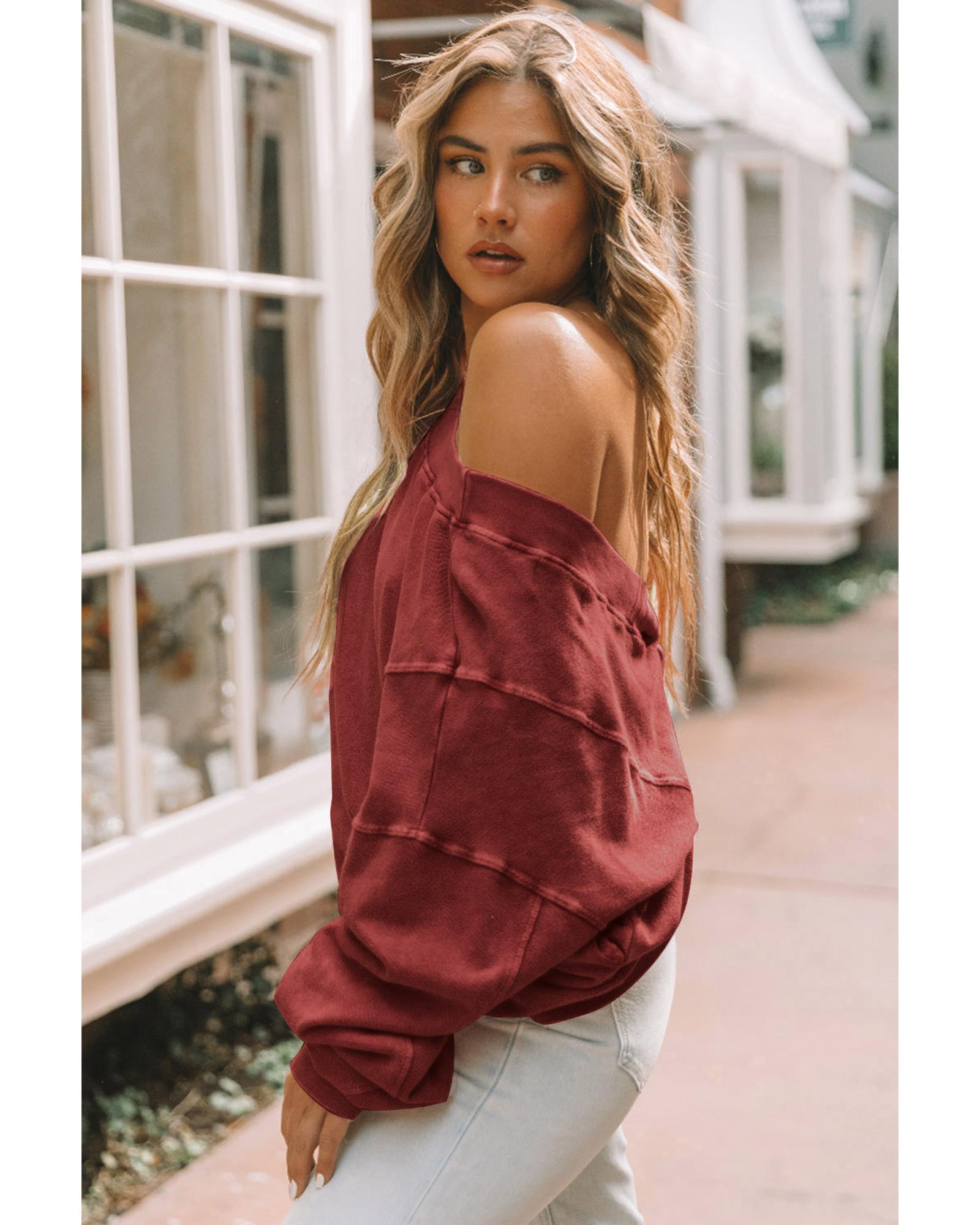 V539-AZEXDC25314555-3-L-202508290120-00 Red Exposed Seam Twist Open Back Oversized Sweatshirt - L - Image 1