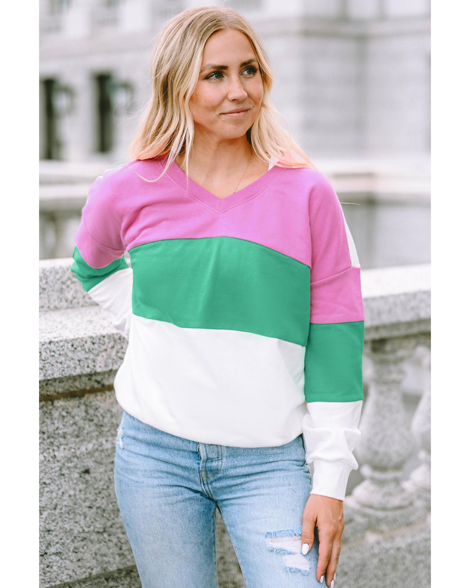 V539-AZEXDC25314568-10-M-202508290500-00 Azura Exchange Color Block Ribbed V-Neck Sweatshirt - M - Image 1