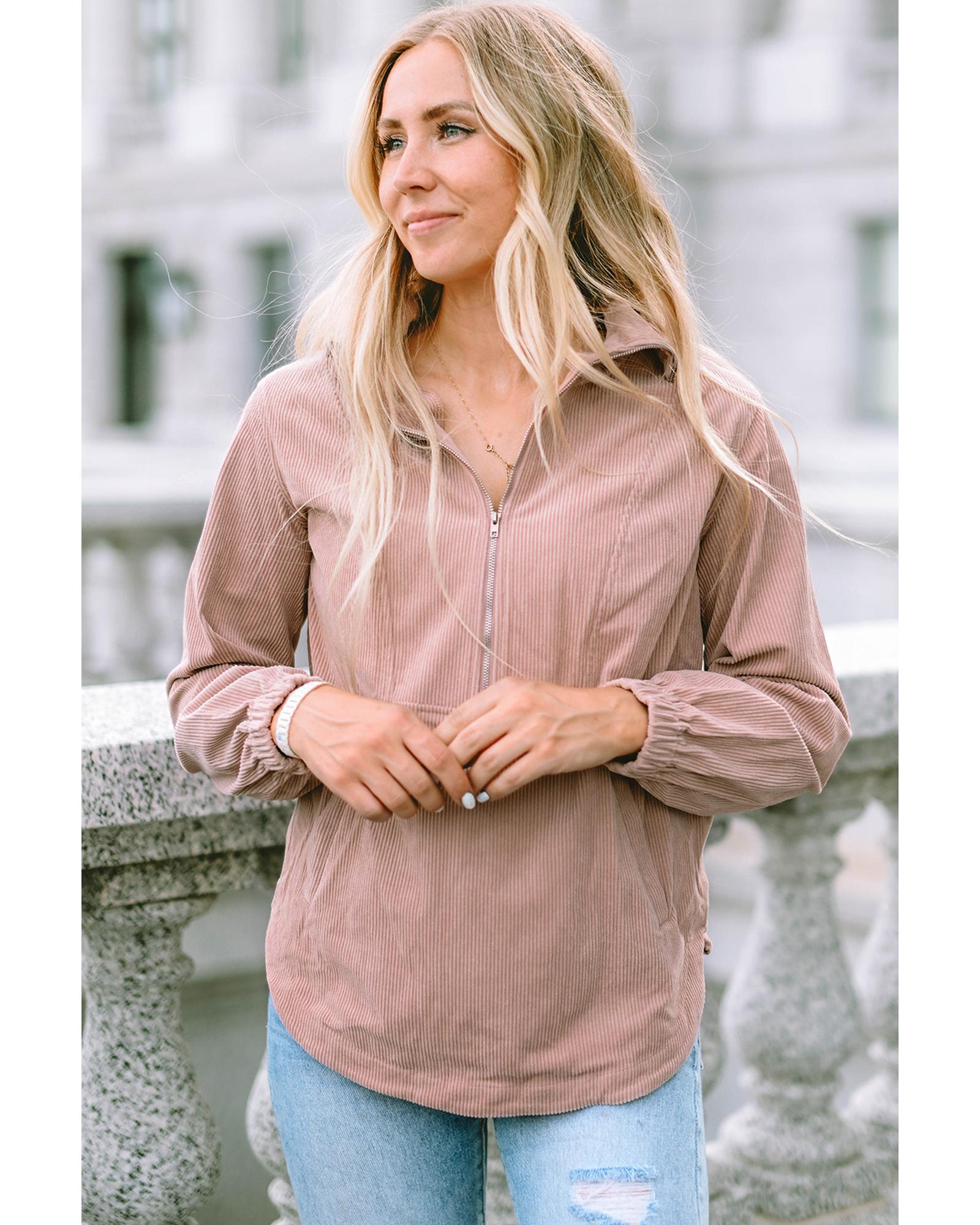 V539-AZEXDC25314627-18-M-202508290555-00 Azura Exchange Half Zip Ribbed Texture Collared Sweatshirt - M - Image 1