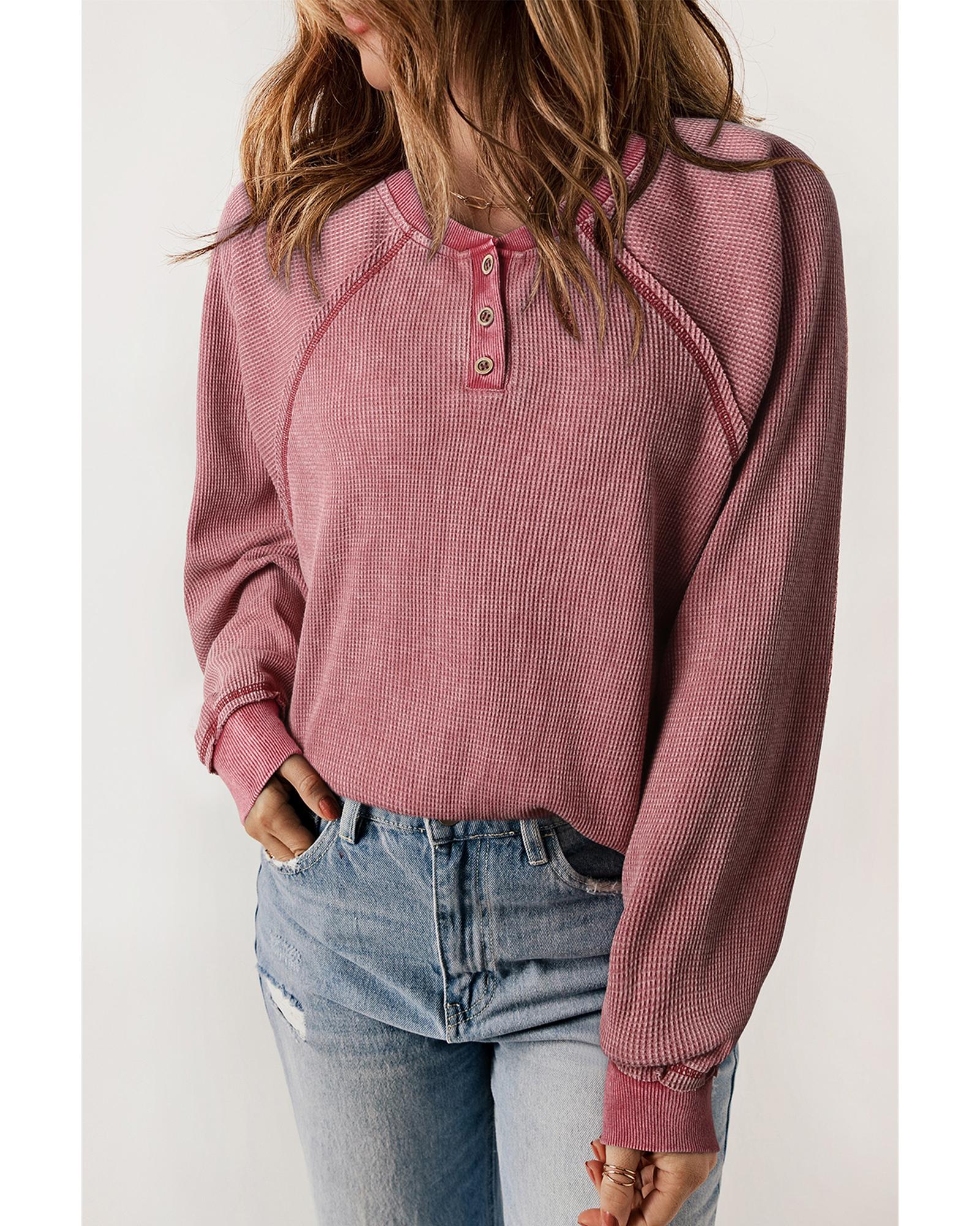 V539-AZEXDC25314694-3-L-202506122127-00 Red Waffle Knit Raglan Sleeve Henley Sweatshirt - L - Image 1