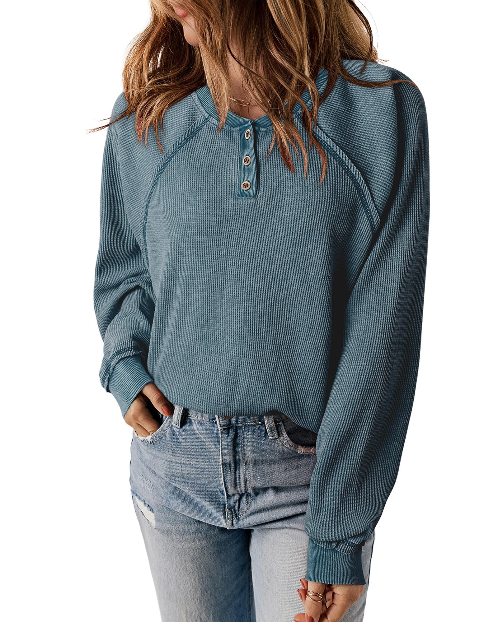 V539-AZEXDC25314694-P409-S-202508300405-00 Sea Green Waffle Knit Raglan Sleeve Henley Sweatshirt - S - Image 1