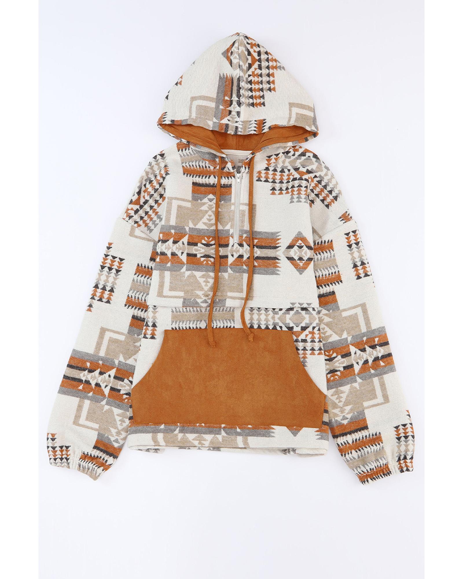 V539-AZEXDC25314748-15-S-202508290335-00 Azura Exchange Beige Aztec Print Half-Zip Hoodie with Kangaroo Pocket - S - Image 1