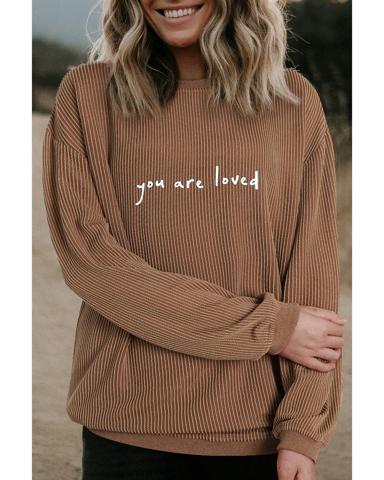 V539-AZEXDC25314787-16-M-202508280555-00 Khaki You Are Loved Print Corduroy Sweatshirt - M - Image 1