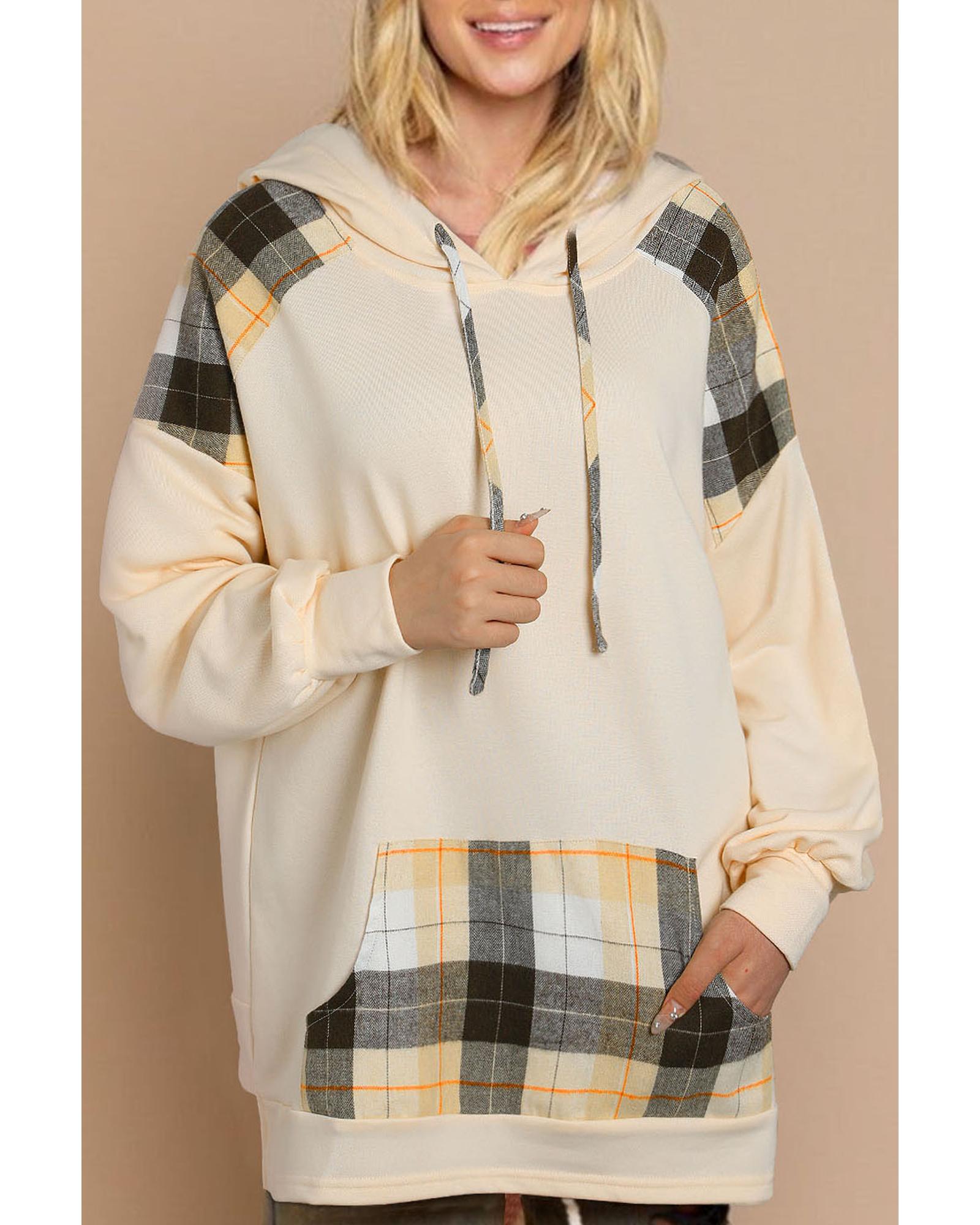 V539-AZEXDC25314823-16-M-202508300210-00 Khaki Plaid Patchwork Kangaroo Pocket Oversized Hoodie - M - Image 1