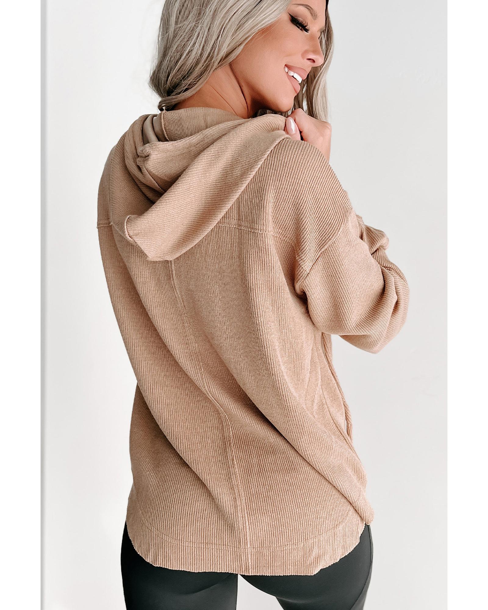 V539-AZEXDC25314909-16-L-202508291400-00 Khaki Buttoned V Neck Drawstring Knit Hoodie - L - Image 1
