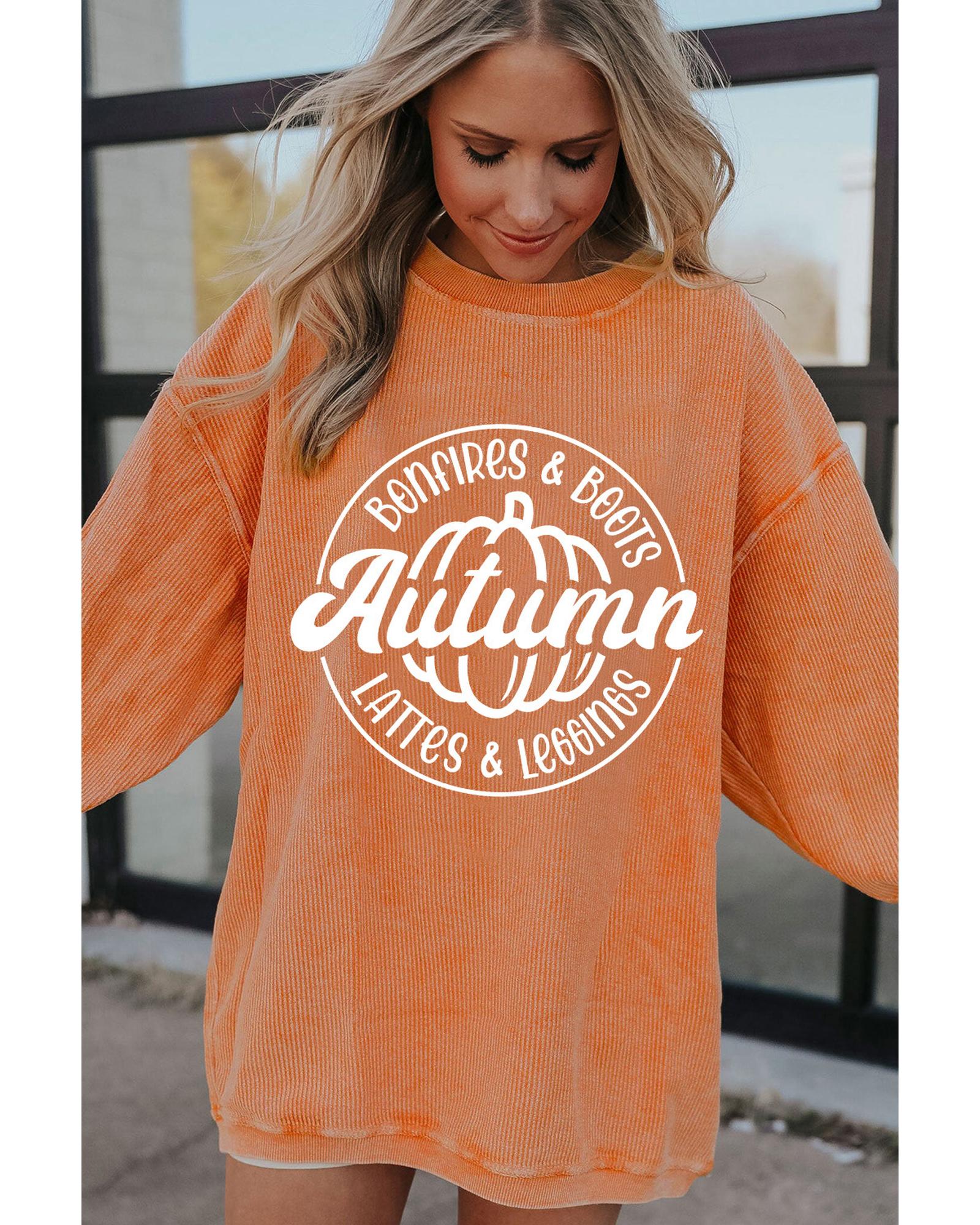 V539-AZEXDC25314952-2014-S-202506122241-00 Orange Autumn Pumpkin Graphic Print Corded Oversized Sweatshirt - S - Image 1