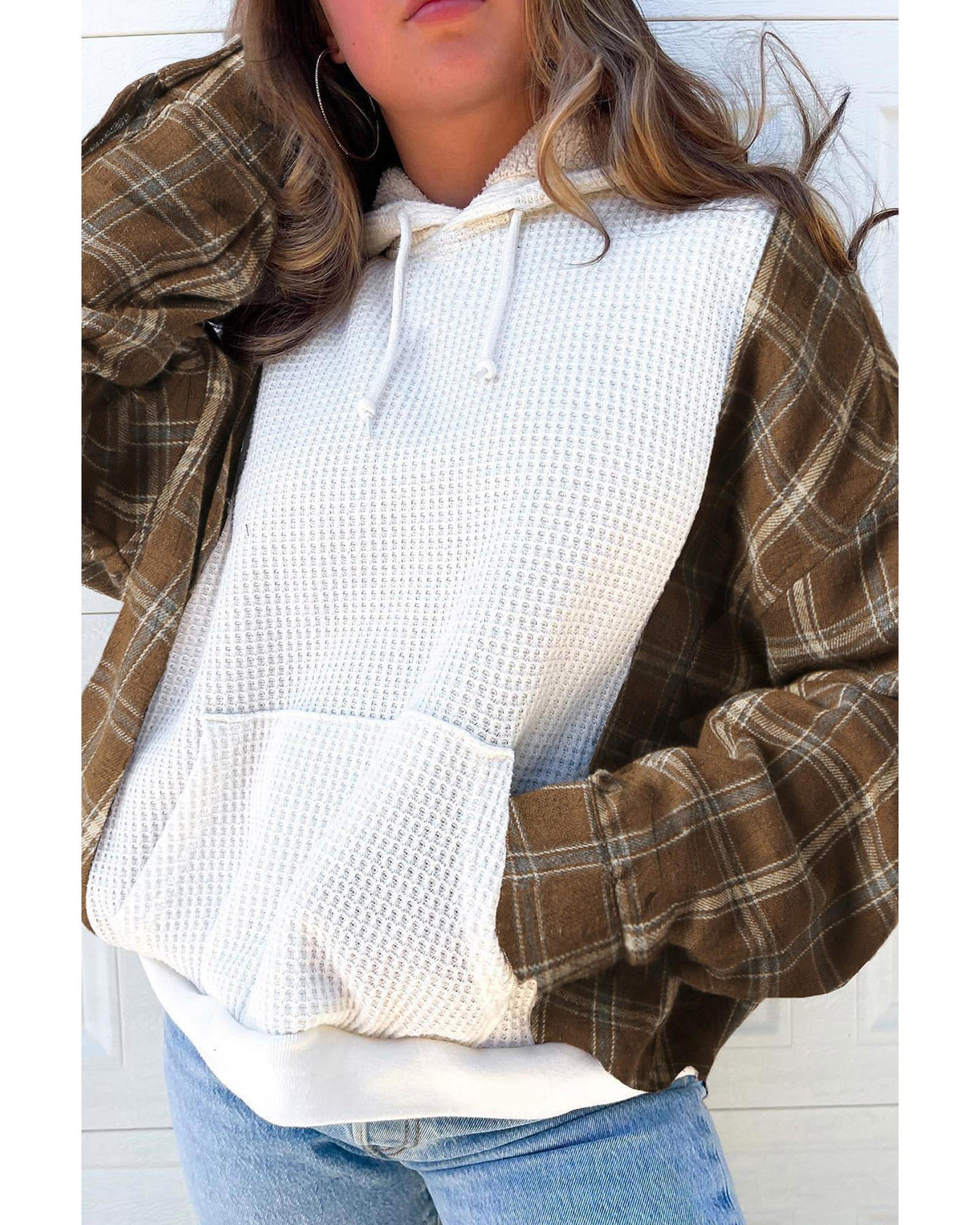 V539-AZEXDC25314992-1-M-202508281850-00 White Waffle Patch Plaid Sleeve Kangaroo Pocket Hoodie - M - Image 1
