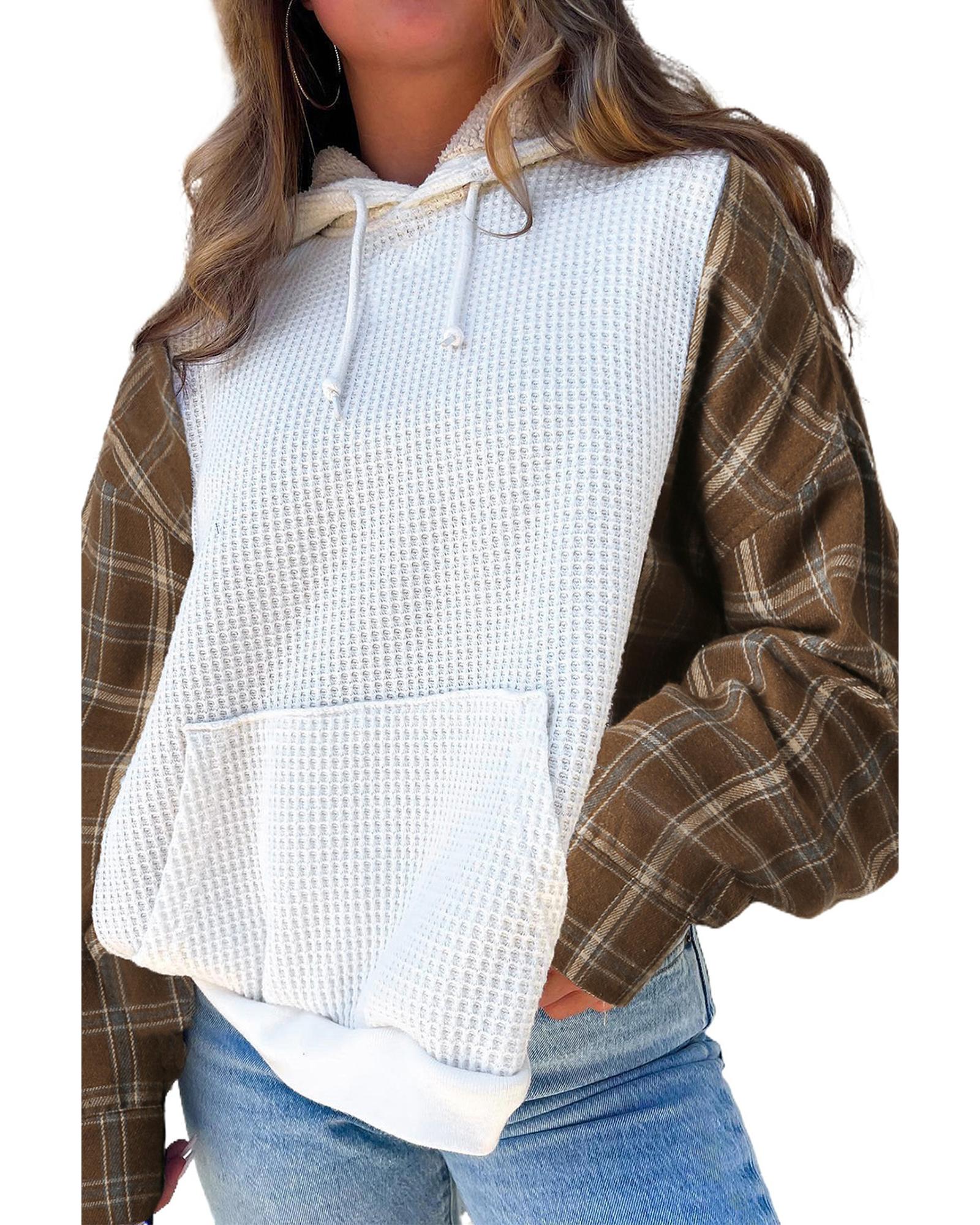 White Waffle Patch Plaid Sleeve Kangaroo Pocket Hoodie - XL