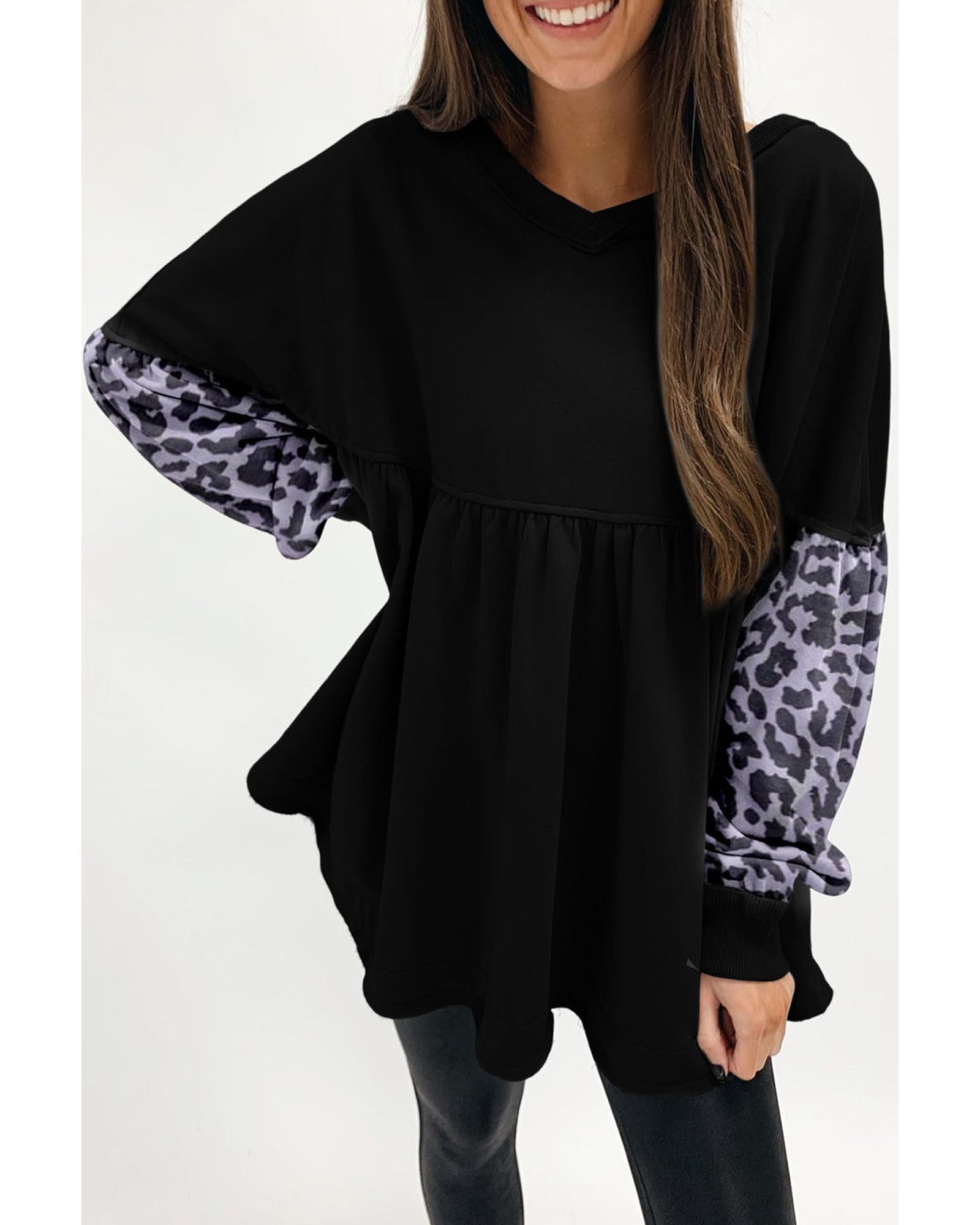 V539-AZEXDC25315023-2-S-202509010215-00 Azura Exchange Leopard Splicing Ruffle Sweatshirt - S - Image 1