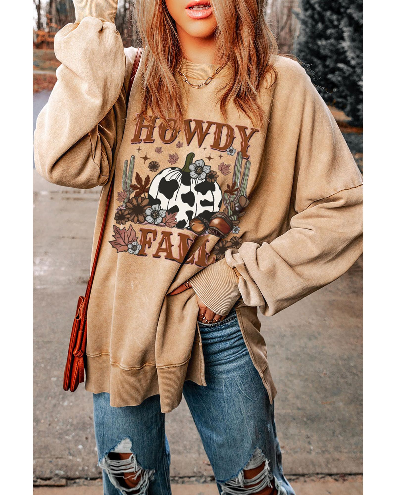 V539-AZEXDC25315160-16-XL-202508290406-00 Azura Exchange Howdy Fall Pumpkin Print Split Hem Sweatshirt - XL - Image 1