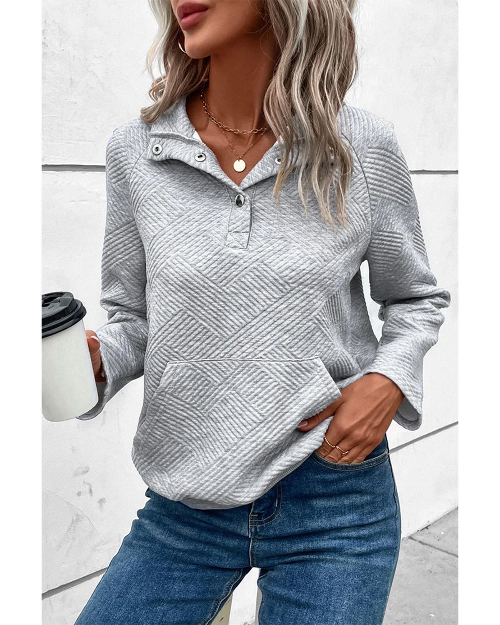 V539-AZEXDC25315197-P1011-M-202506122330-00 Light Grey Textured Knit Buttoned Kangaroo Pocket Sweatshirt - M - Image 1
